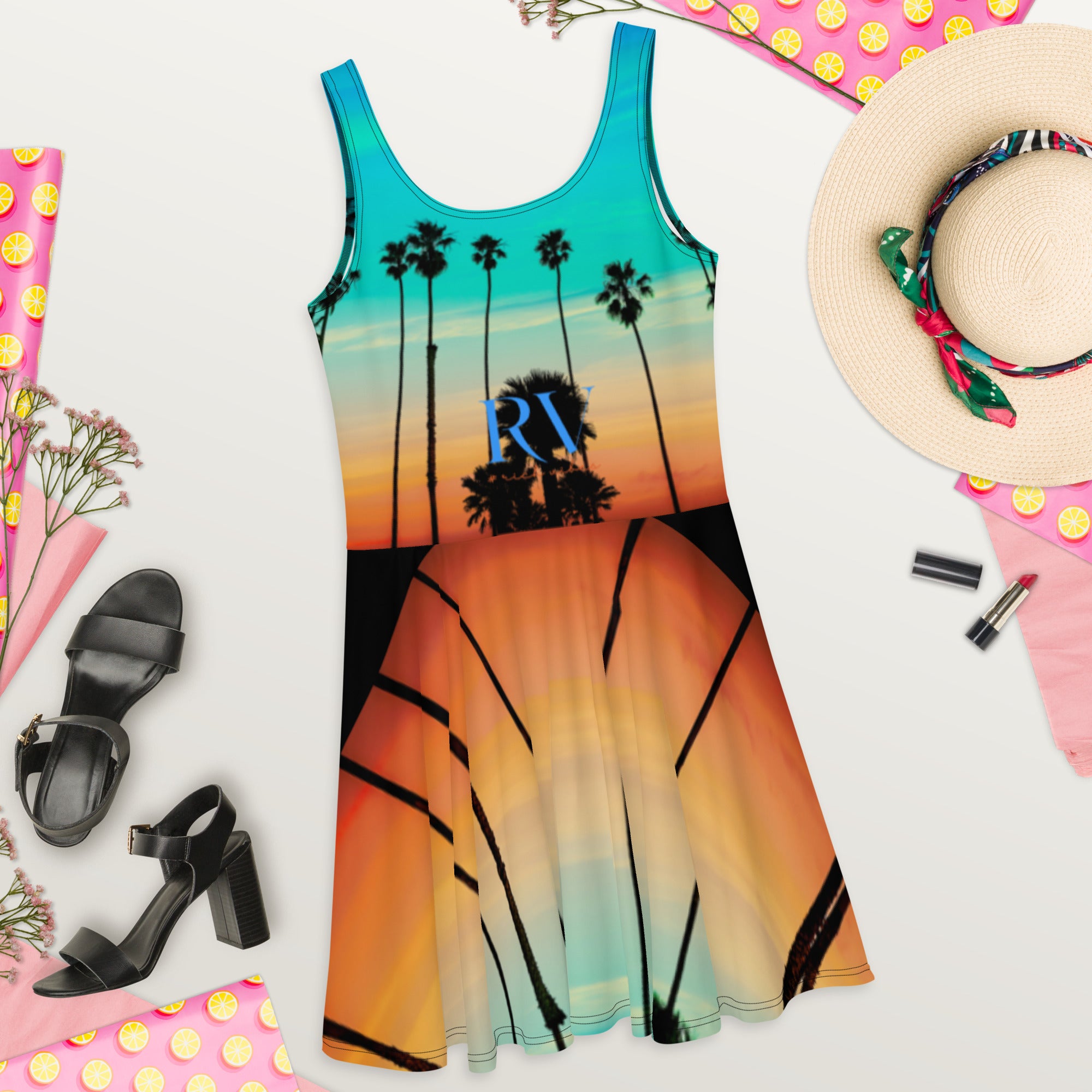 Rich Vibes RV Palm Tree Silhouette Rainbow Beach Sunset - Skater Dress