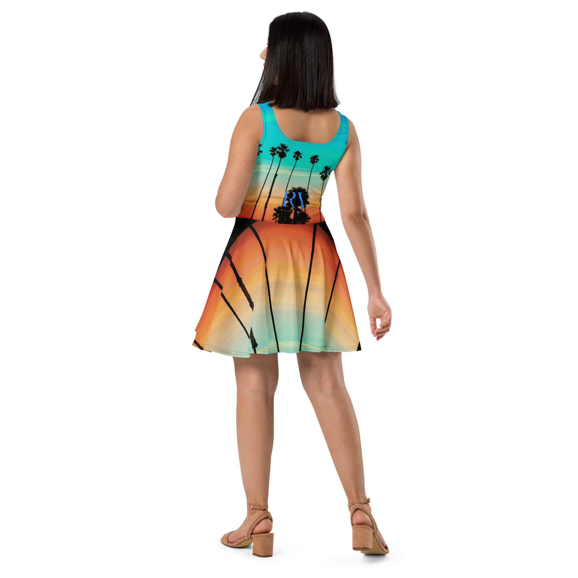 Rich Vibes RV Palm Tree Silhouette Rainbow Beach Sunset - Skater Dress