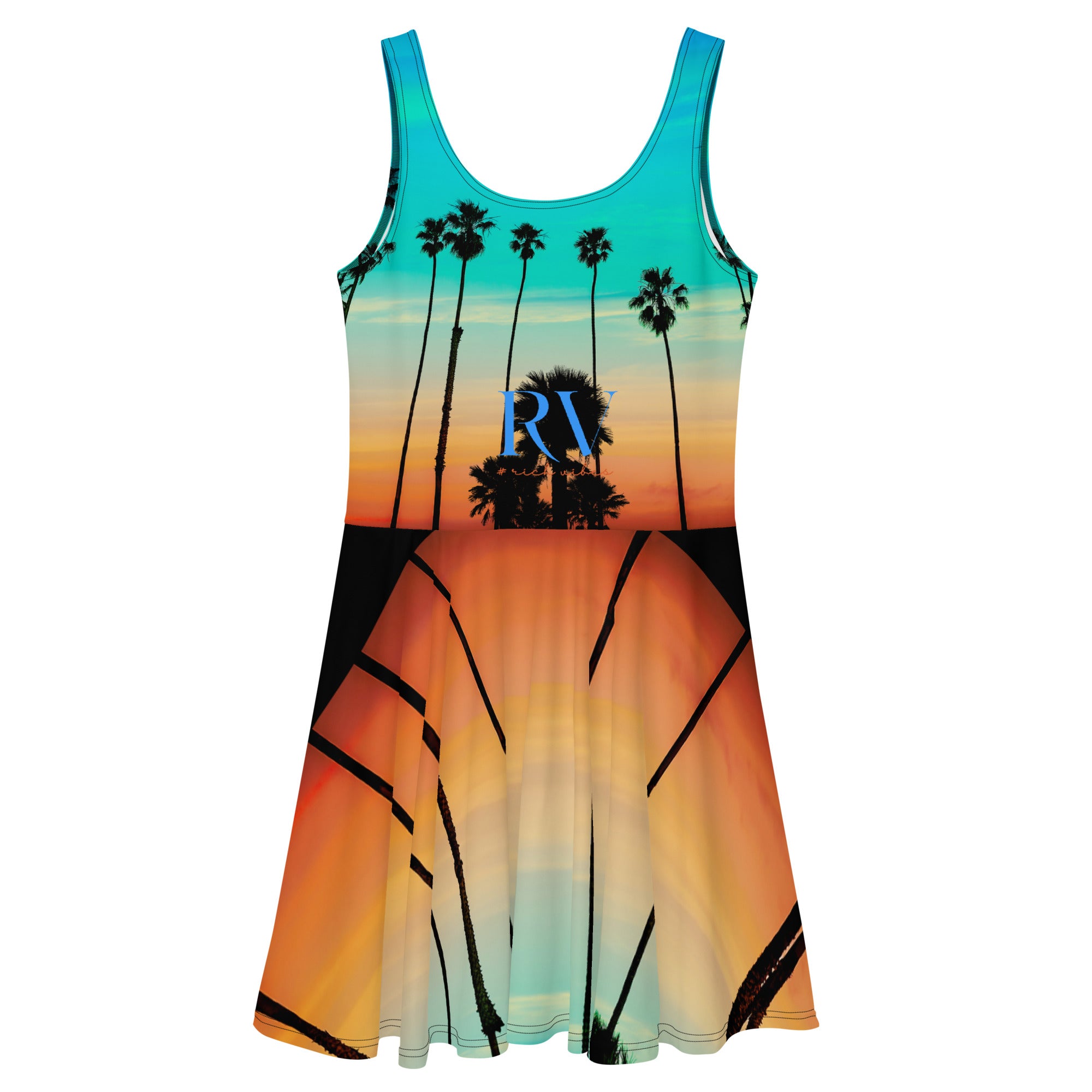 Rich Vibes RV Palm Tree Silhouette Rainbow Beach Sunset - Skater Dress