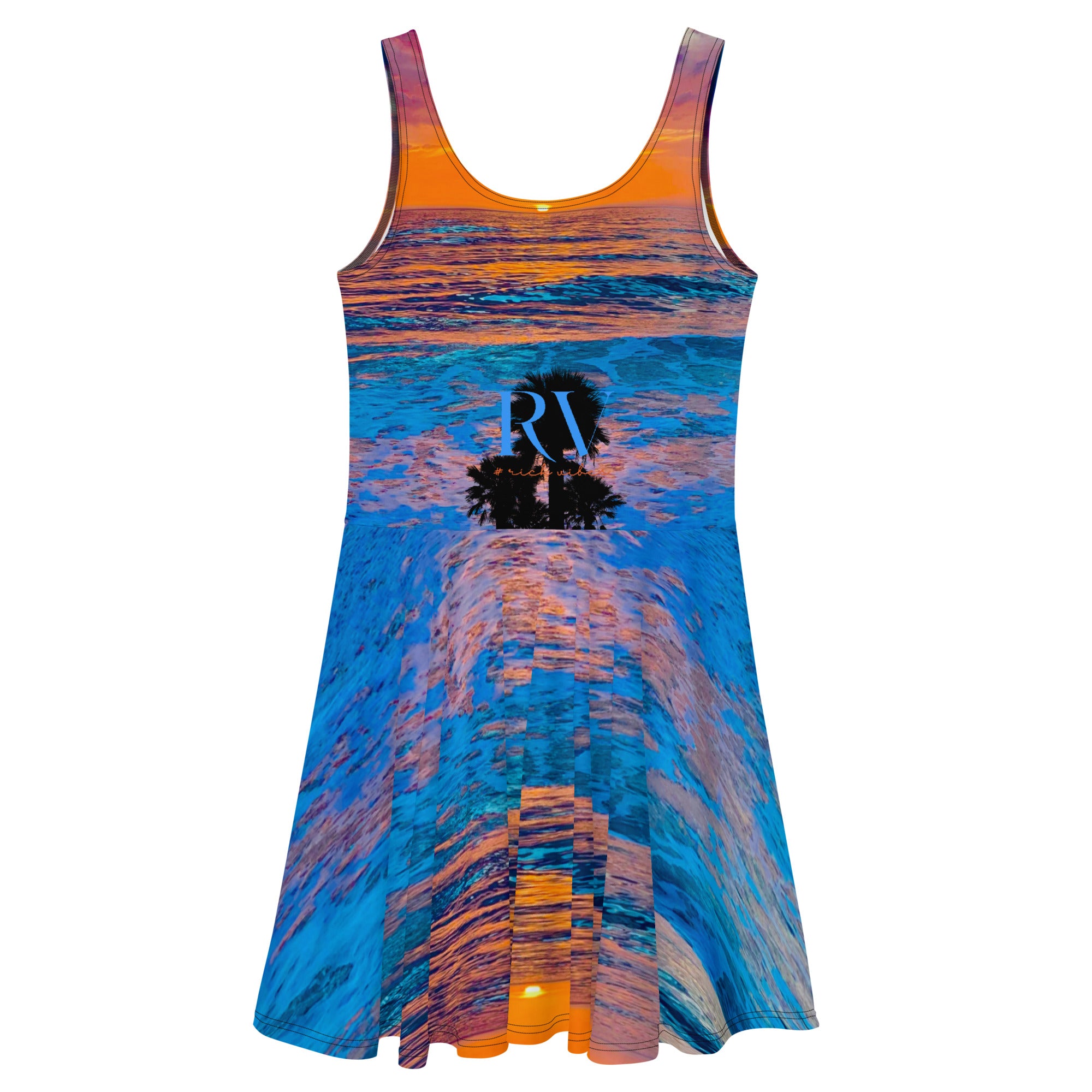 Rich Vibes RV Palm Tree Silhouette Stormy Blue Beach Sunset - Skater Dress