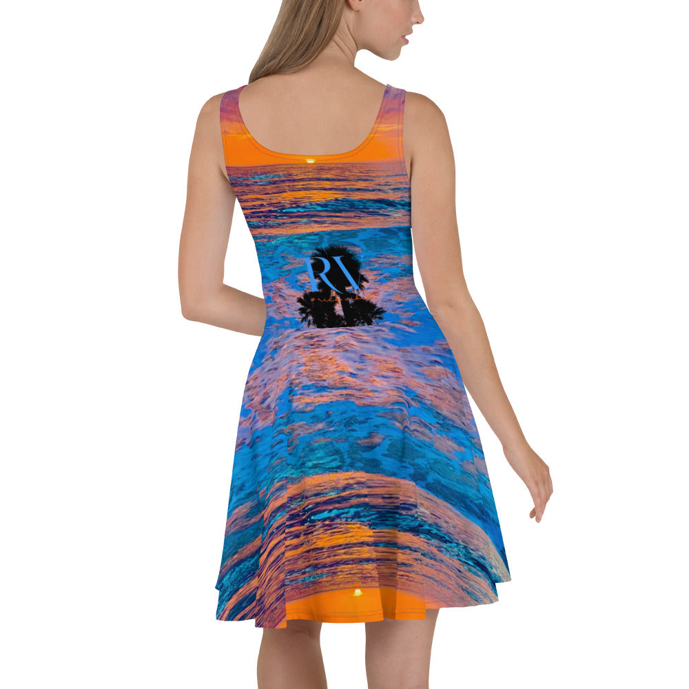 Rich Vibes RV Palm Tree Silhouette Stormy Blue Beach Sunset - Skater Dress
