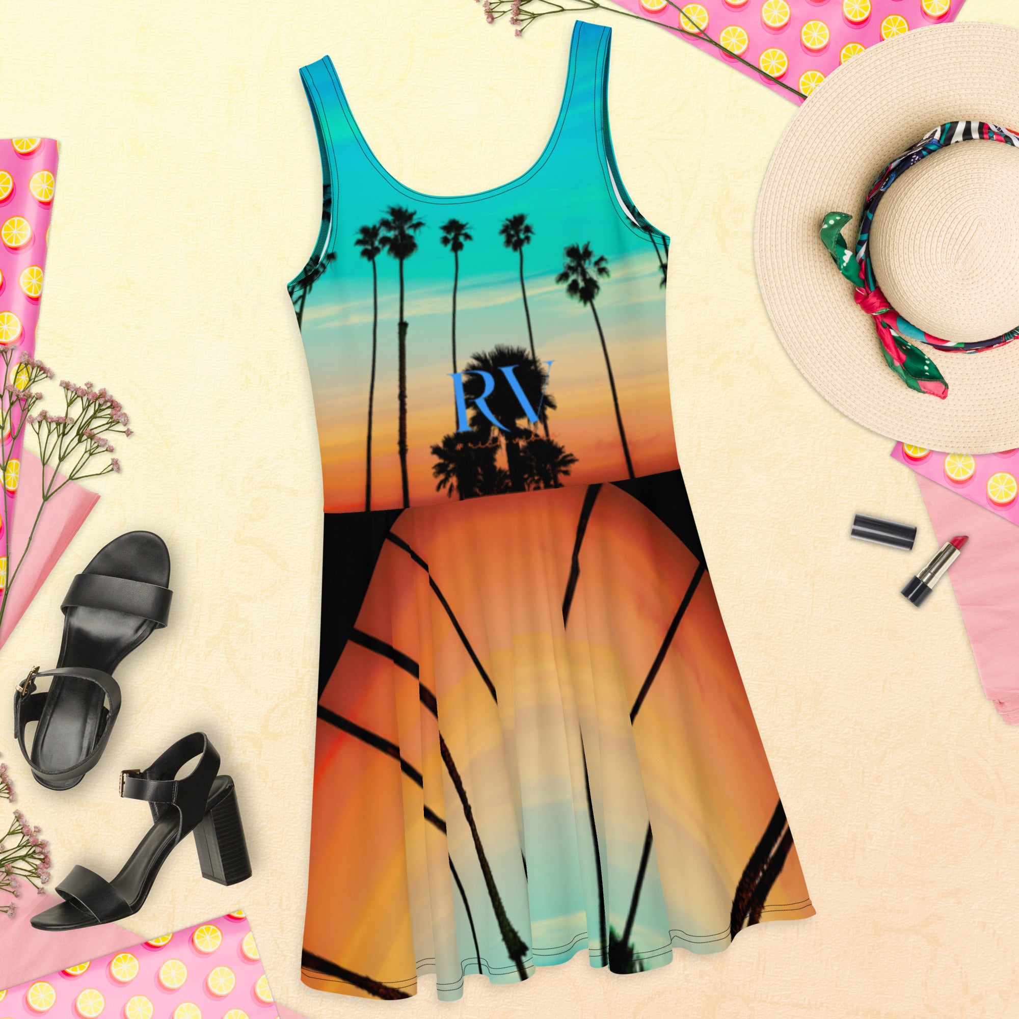 Rich Vibes RV Palm Tree Silhouette Rainbow Beach Sunset - Skater Dress