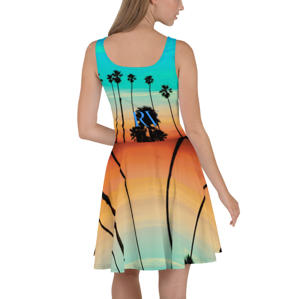 Rich Vibes RV Palm Tree Silhouette Rainbow Beach Sunset - Skater Dress