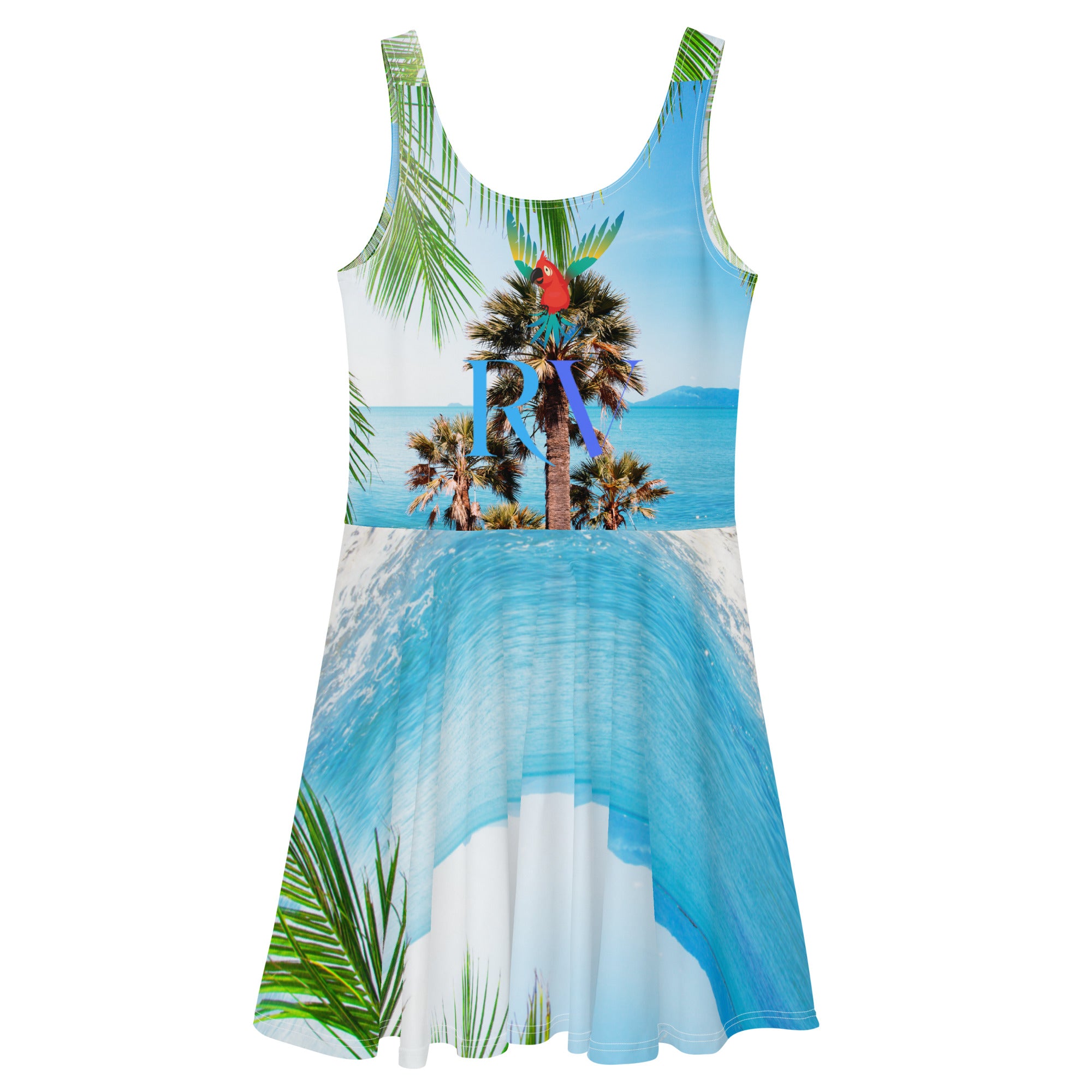 Rich Vibes RV Colorful Palm Tree Silhouette Ocean Blue Beach Set - Skater Dress