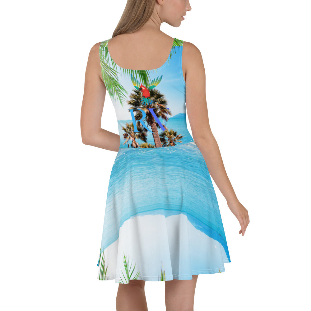 Rich Vibes RV Colorful Palm Tree Silhouette Ocean Blue Beach Set - Skater Dress