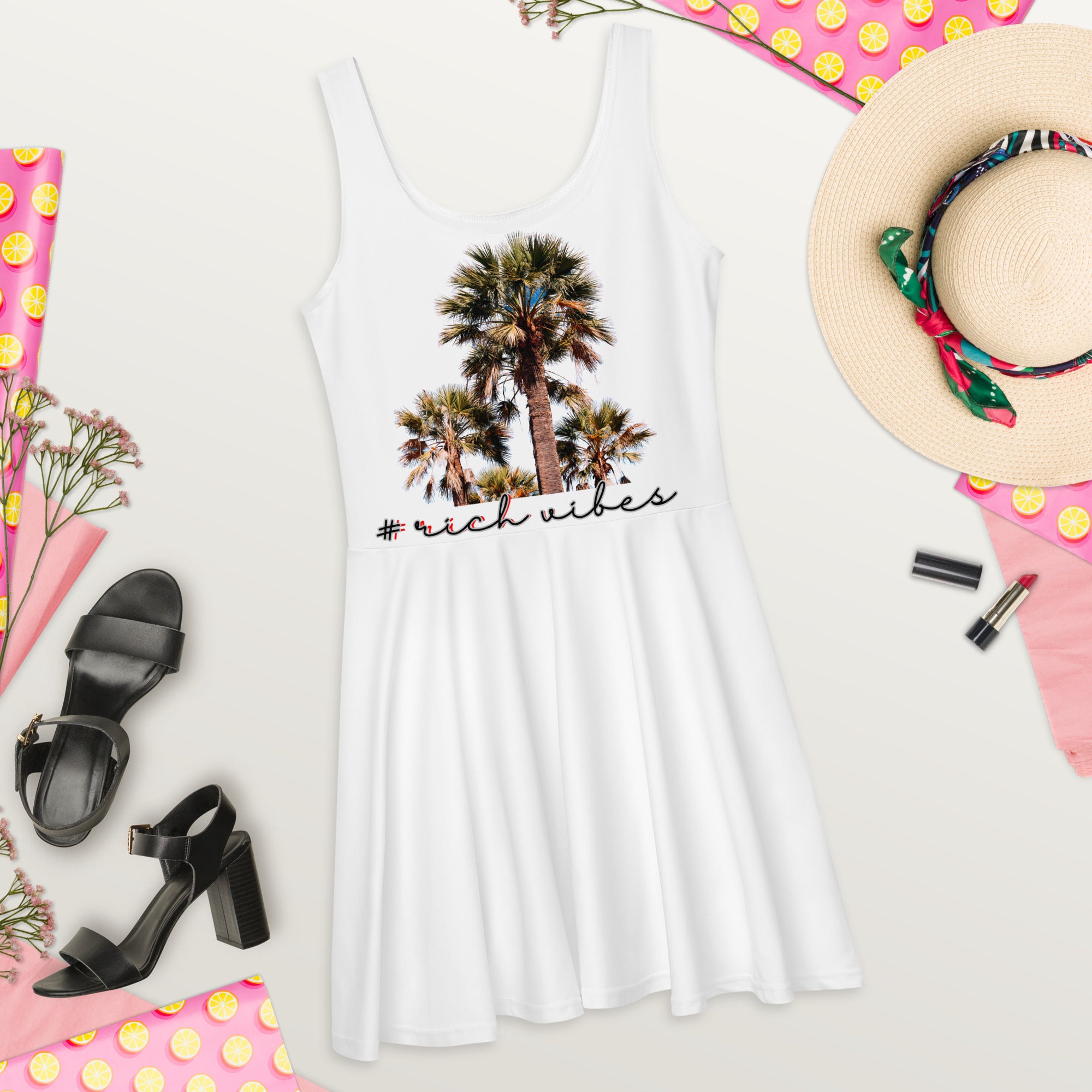 Rich Vibes RV Colorful Palm Tree Silhouette White - Skater Dress
