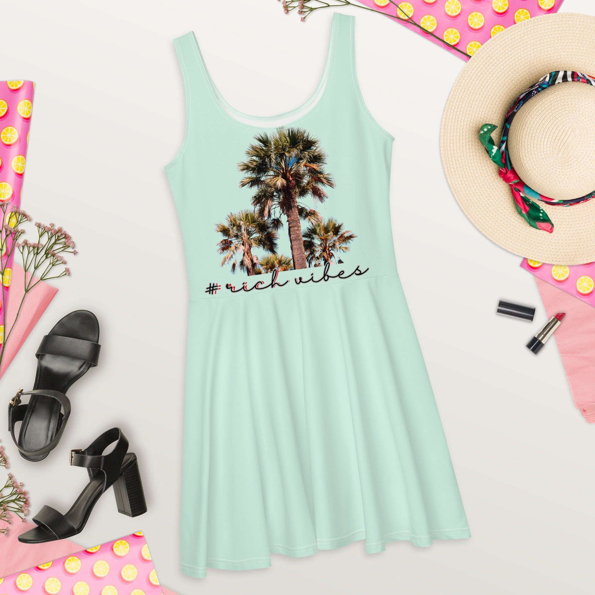 Rich Vibes RV Colorful Palm Tree Silhouette Humming Bird - Skater Dress