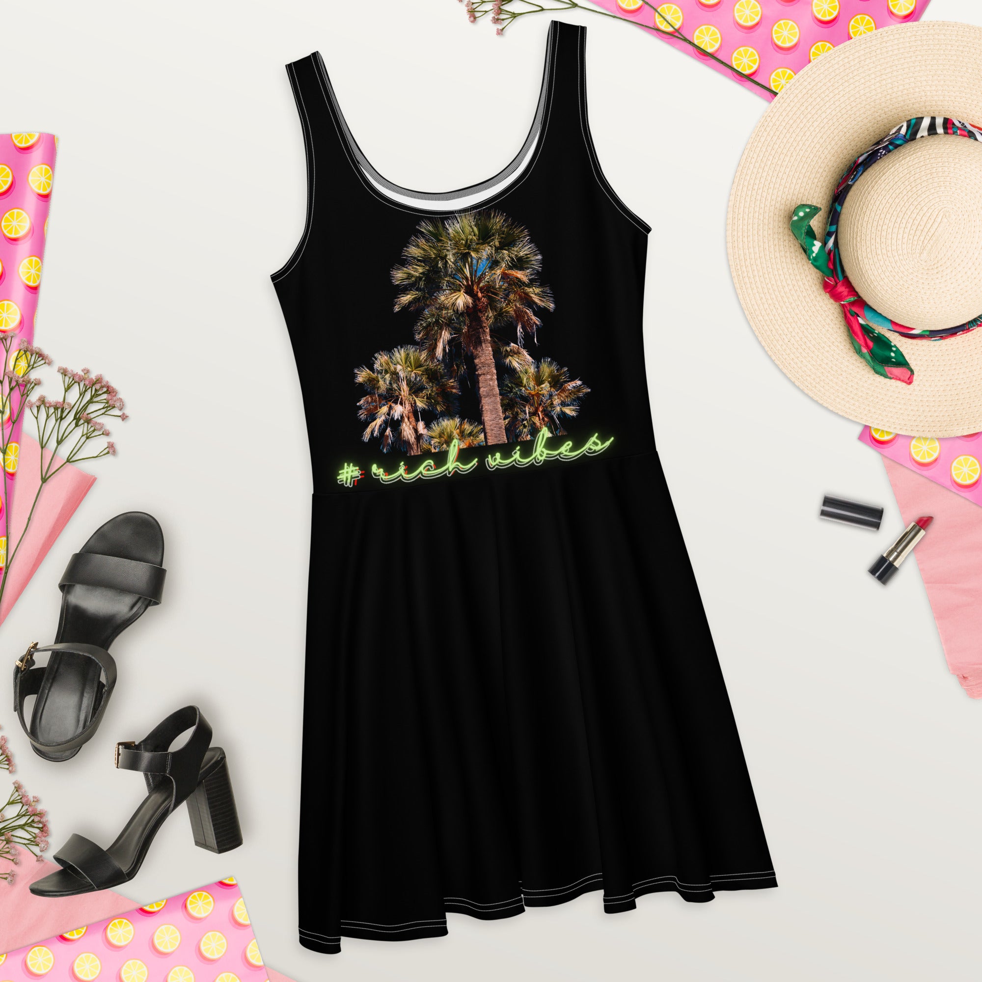 Rich Vibes RV Colorful Palm Tree Silhouette Volt Black - Skater Dress