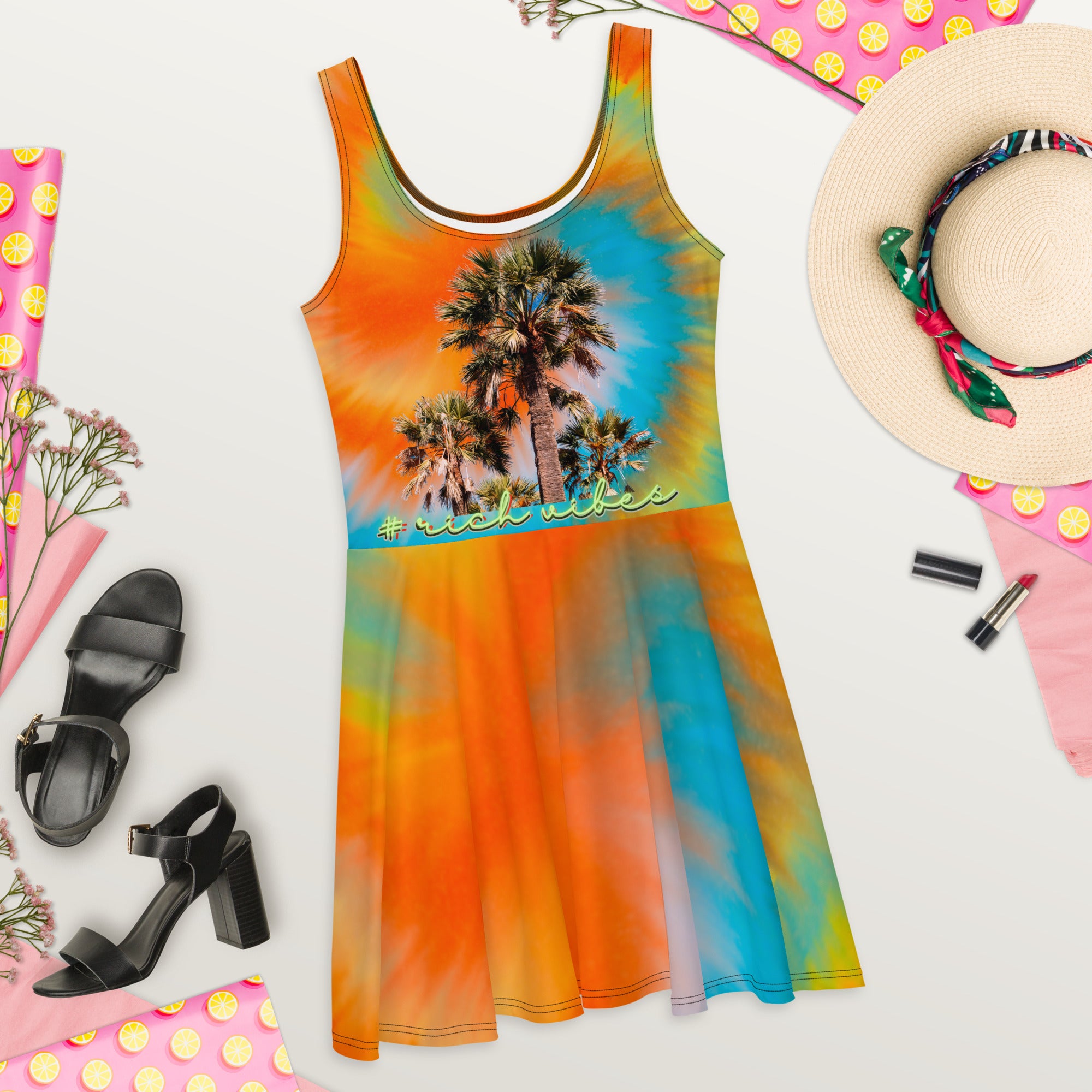 Rich Vibes RV Colorful Palm Tree Silhouette Tie Dye Sunset Volt Rainbow - Skater Dress