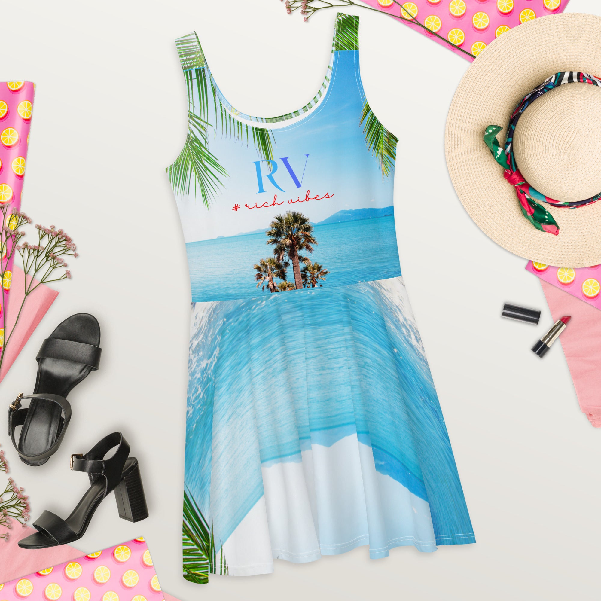 Rich Vibes RV Colorful Palm Tree Silhouette Ocean Blue Beach Set - Skater Dress