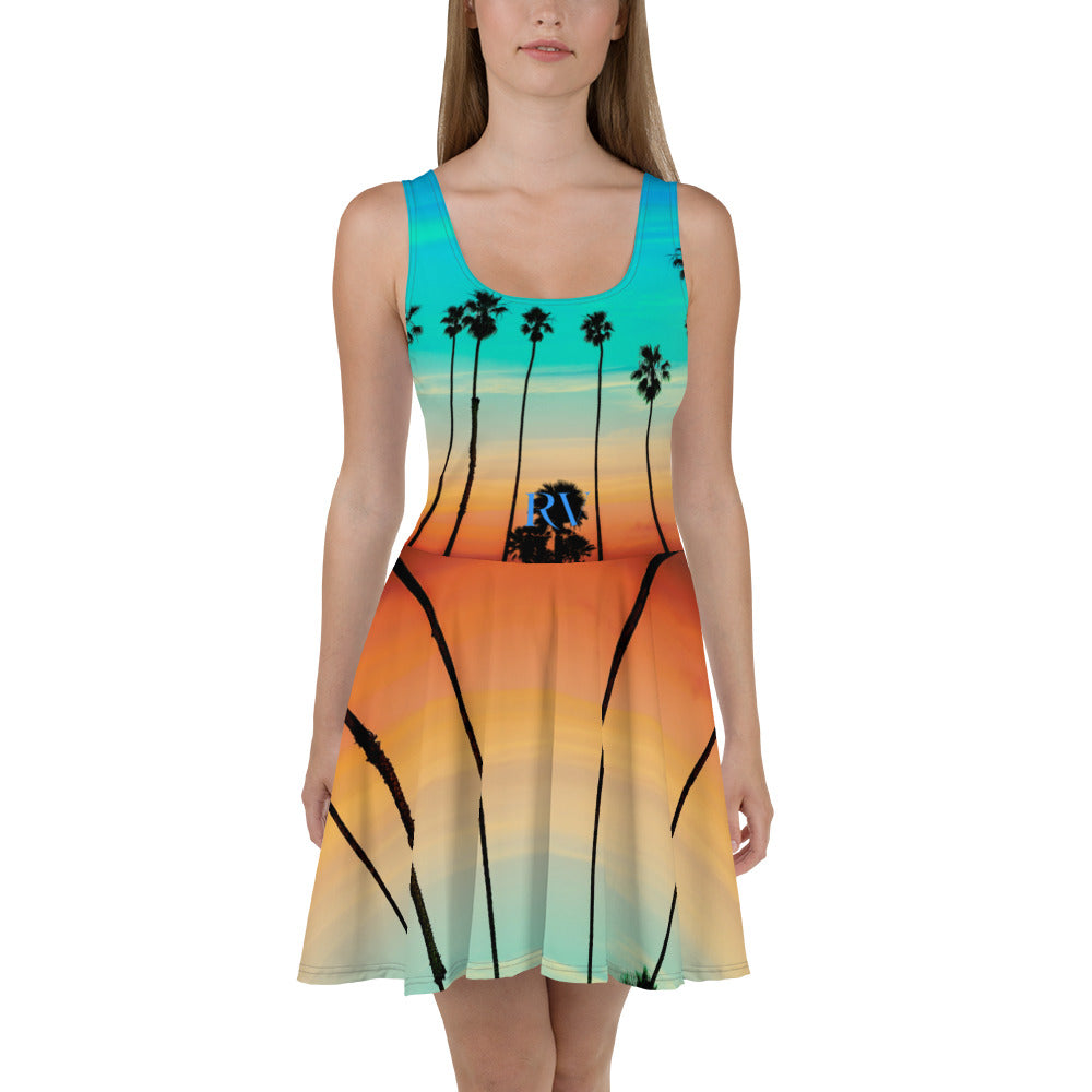 Rich Vibes RV Palm Tree Silhouette Rainbow Beach Sunset - Skater Dress