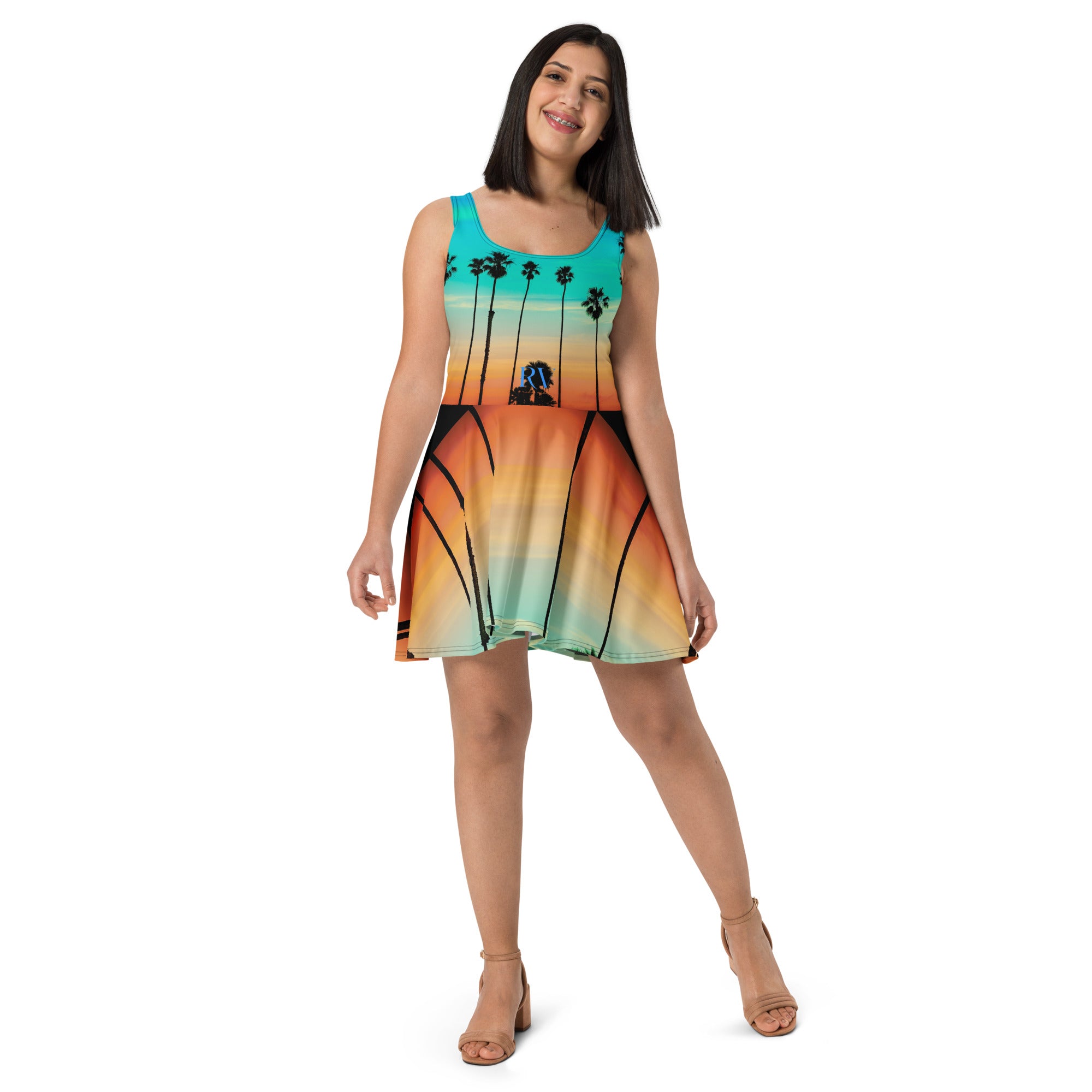 Rich Vibes RV Palm Tree Silhouette Rainbow Beach Sunset - Skater Dress