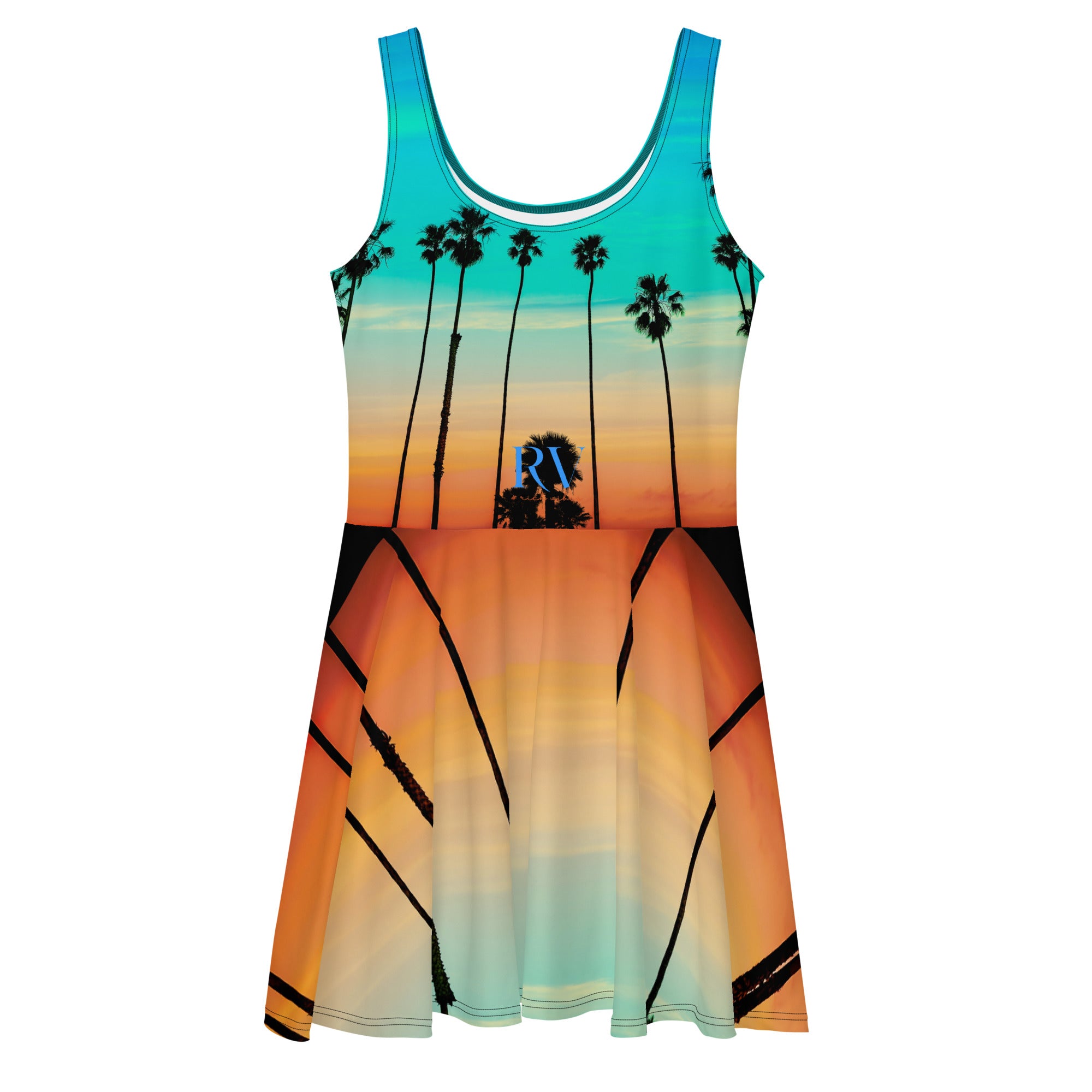 Rich Vibes RV Palm Tree Silhouette Rainbow Beach Sunset - Skater Dress