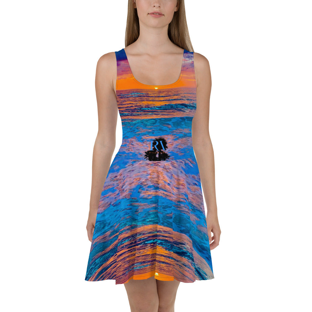 Rich Vibes RV Palm Tree Silhouette Stormy Blue Beach Sunset - Skater Dress