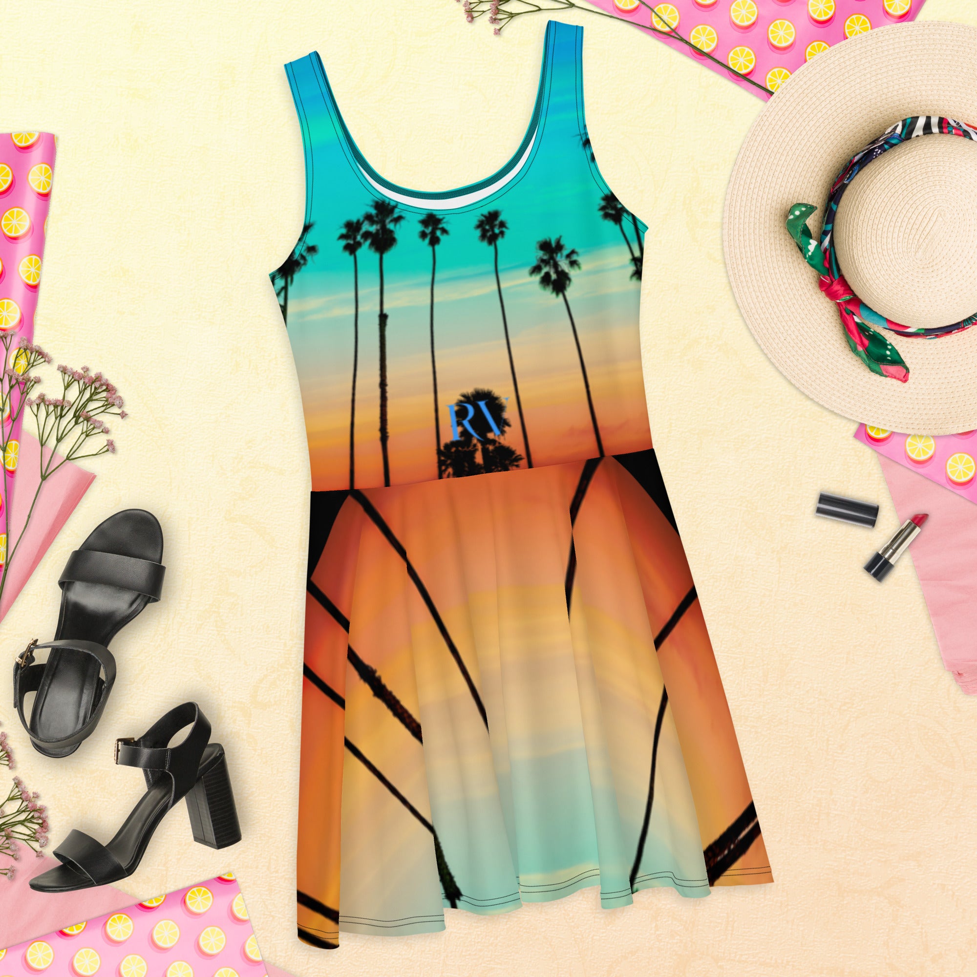 Rich Vibes RV Palm Tree Silhouette Rainbow Beach Sunset - Skater Dress