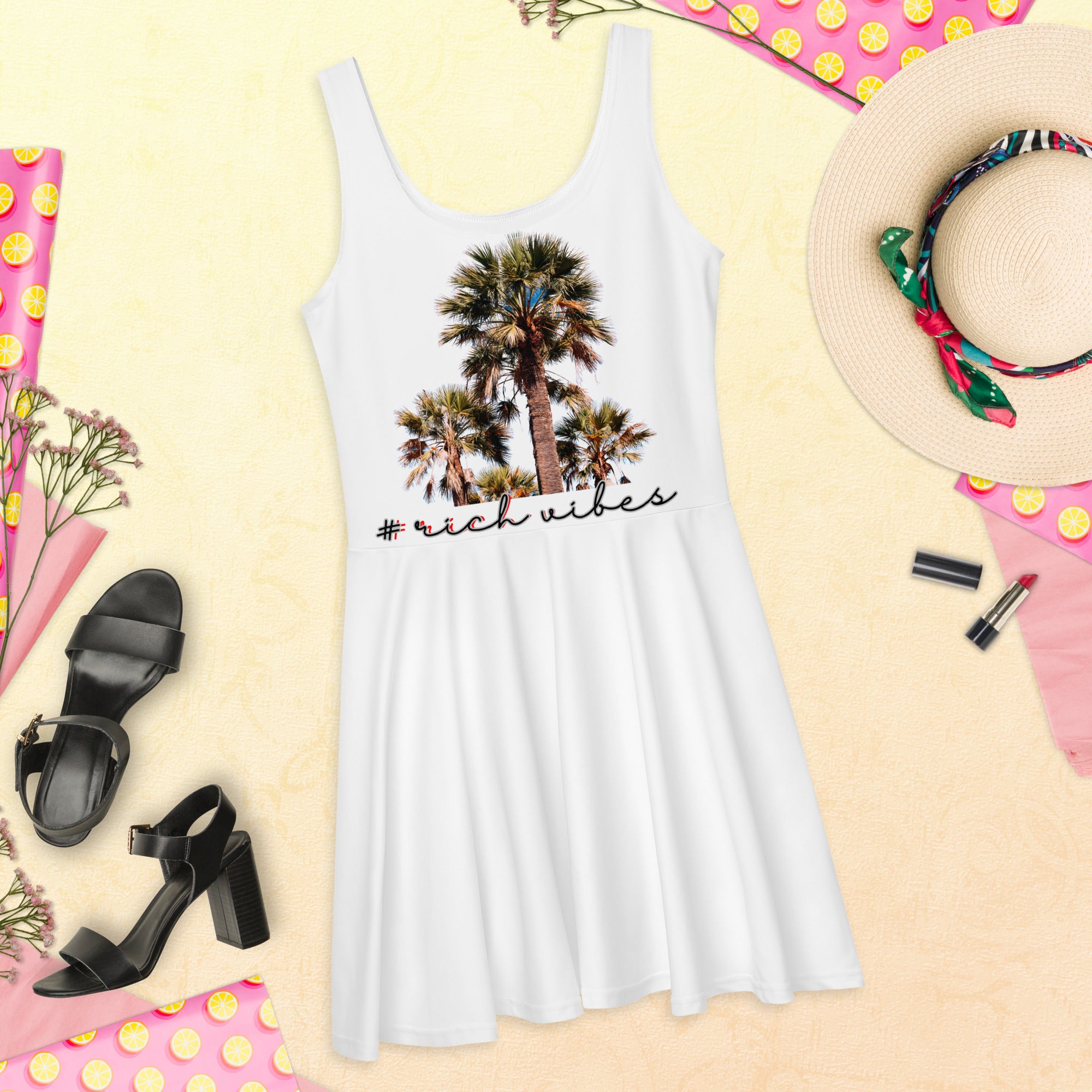 Rich Vibes RV Colorful Palm Tree Silhouette White - Skater Dress