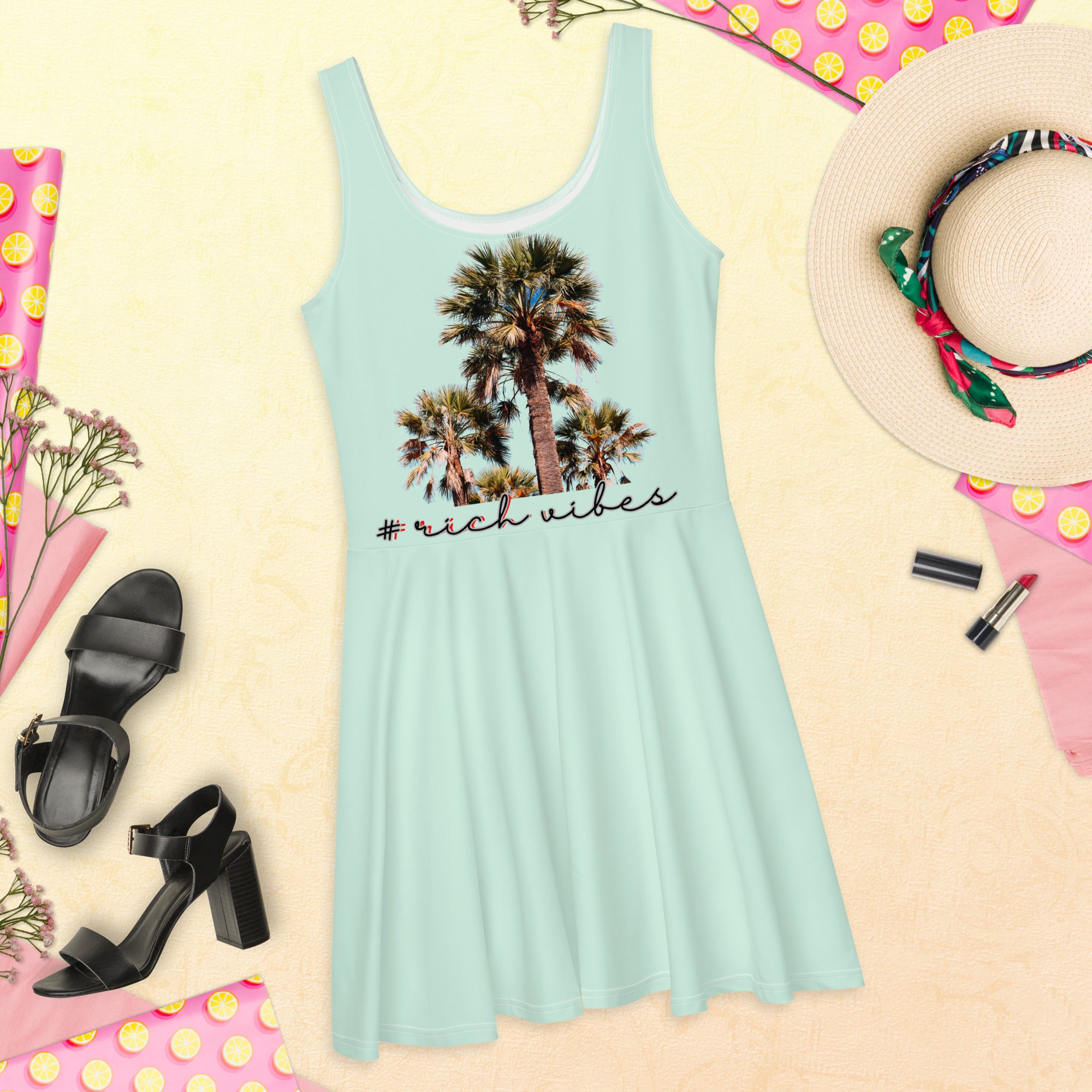 Rich Vibes RV Colorful Palm Tree Silhouette Humming Bird - Skater Dress