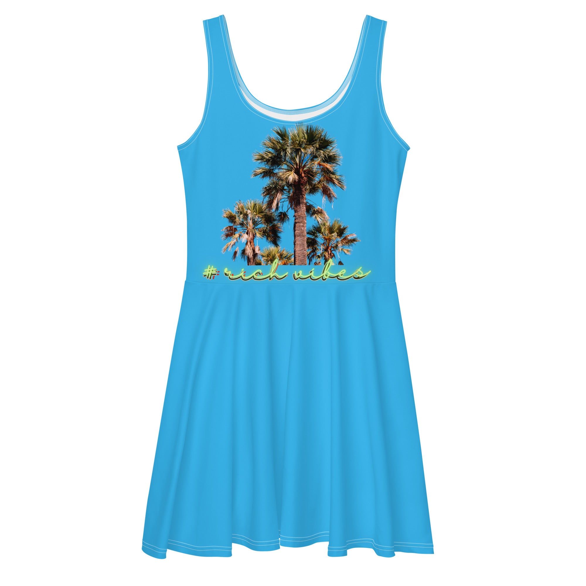 Rich Vibes RV Colorful Palm Tree Silhouette Sky Blue - Skater Dress