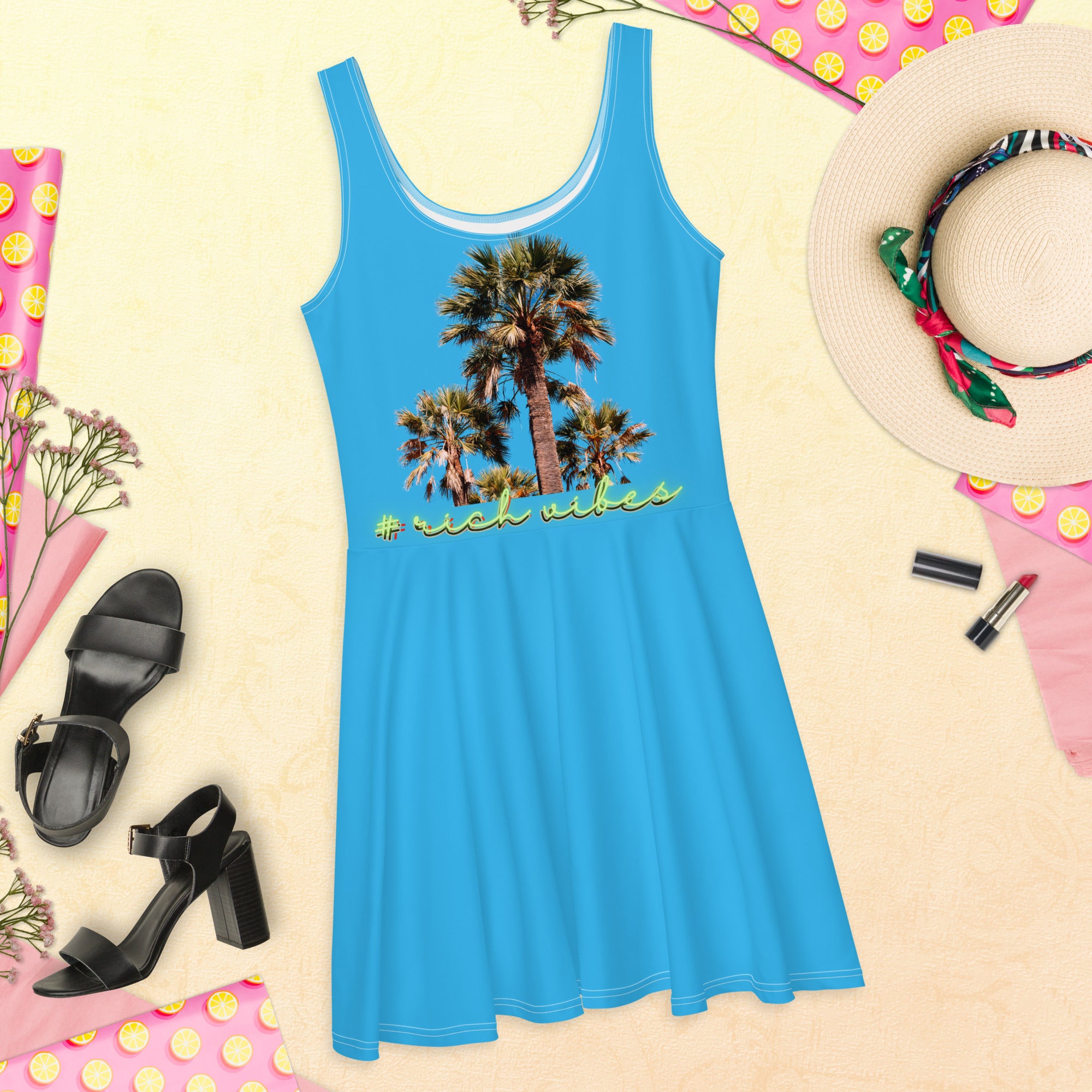 Rich Vibes RV Colorful Palm Tree Silhouette Sky Blue - Skater Dress
