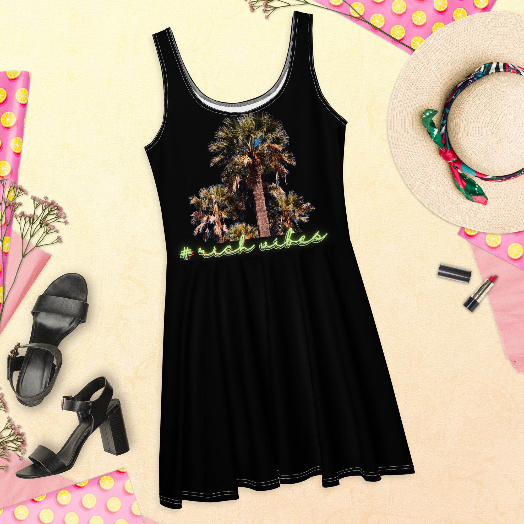 Rich Vibes RV Colorful Palm Tree Silhouette Volt Black - Skater Dress