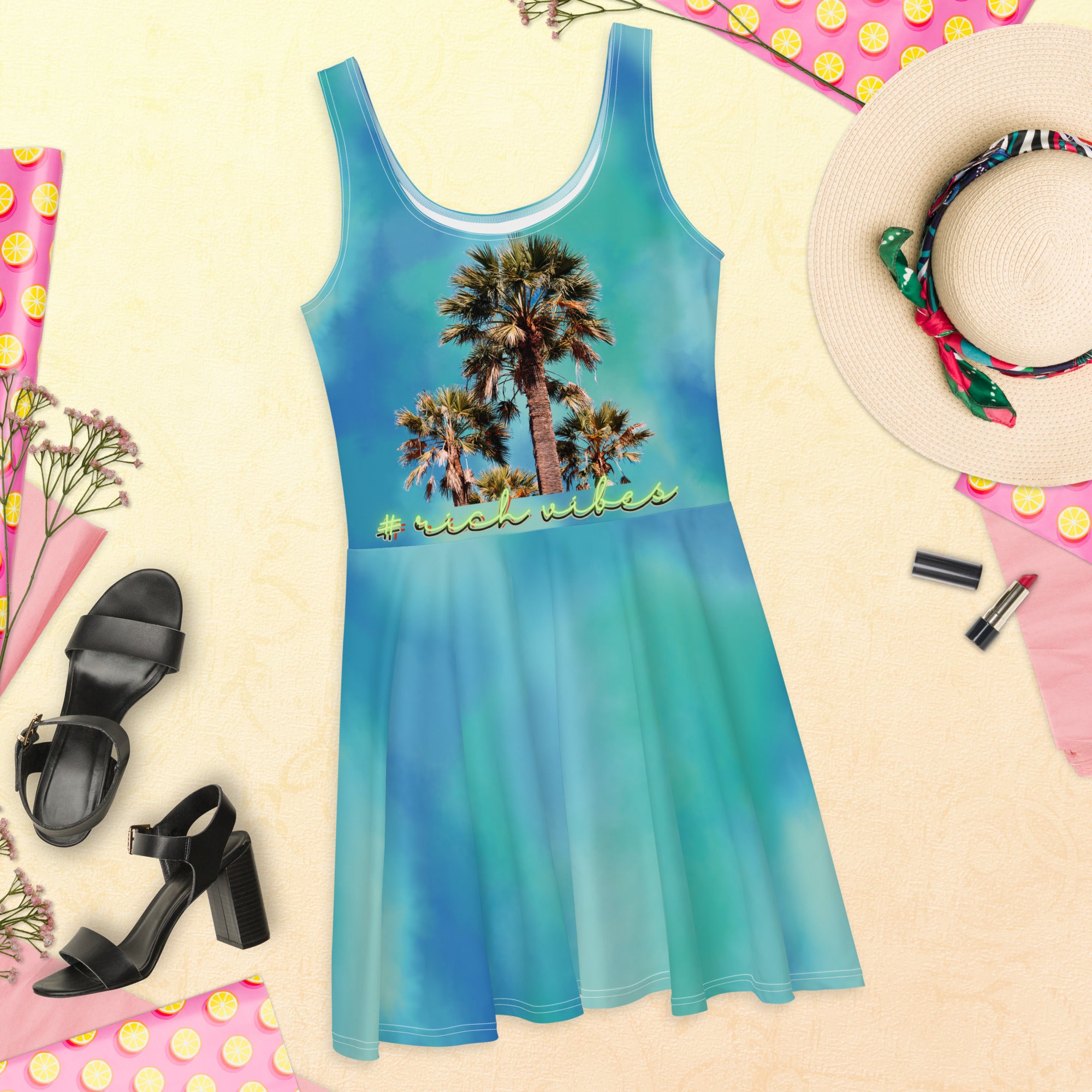 Rich Vibes RV Colorful Palm Tree Silhouette Volt Watercolor - Skater Dress