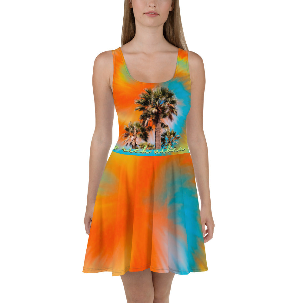 Rich Vibes RV Colorful Palm Tree Silhouette Tie Dye Sunset Volt Rainbow - Skater Dress