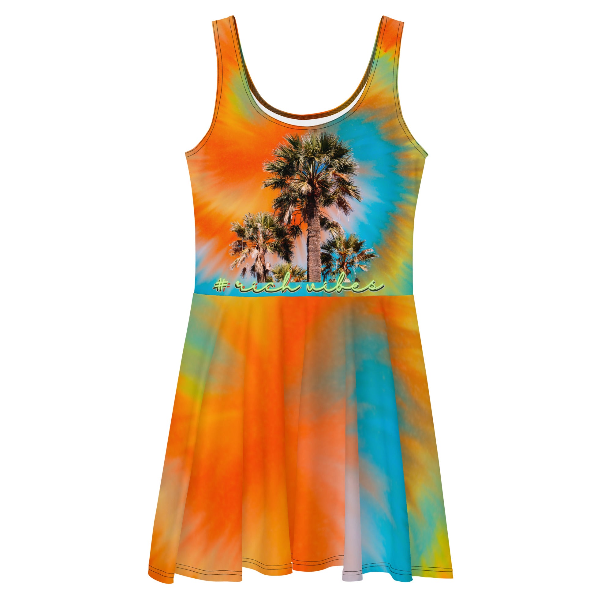 Rich Vibes RV Colorful Palm Tree Silhouette Tie Dye Sunset Volt Rainbow - Skater Dress