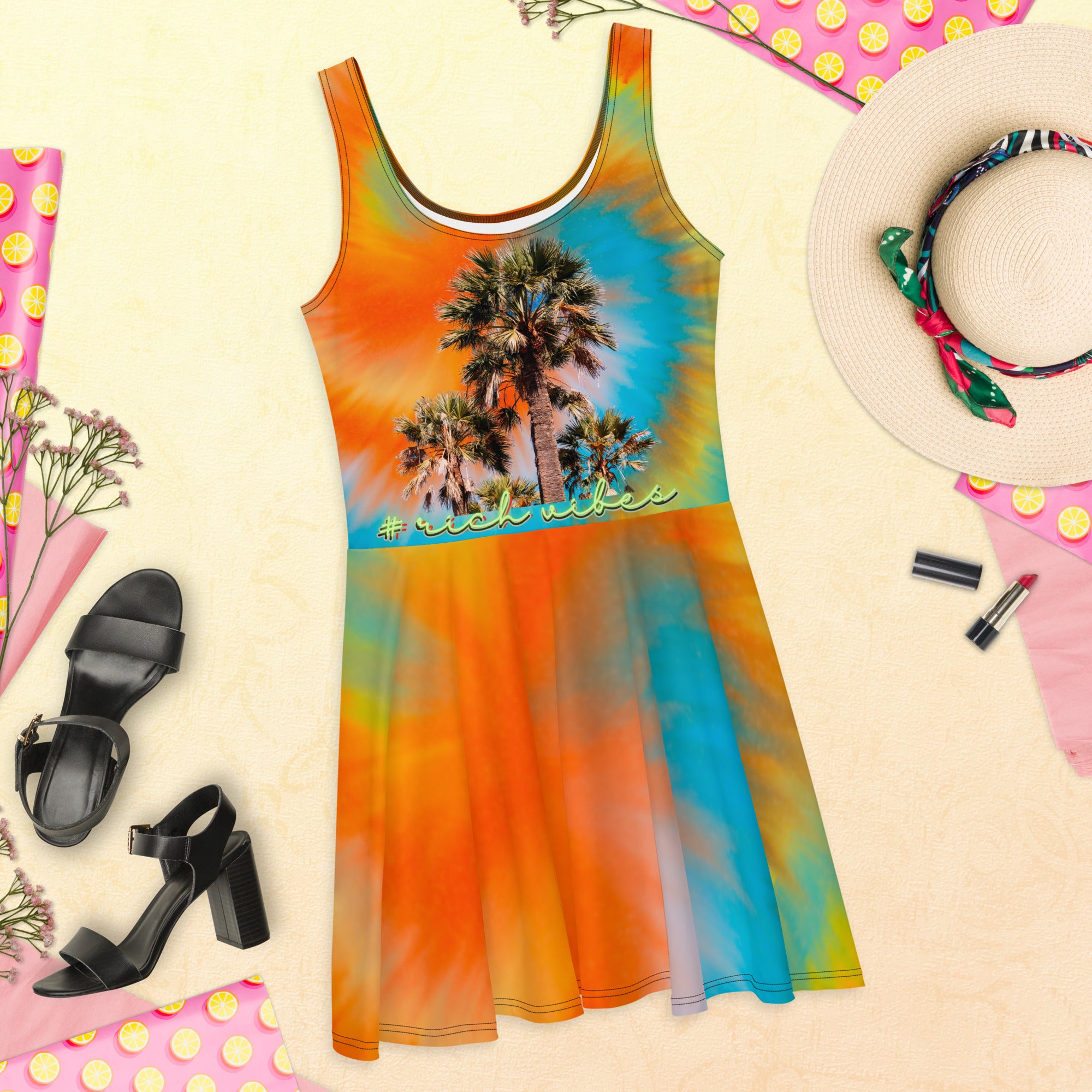 Rich Vibes RV Colorful Palm Tree Silhouette Tie Dye Sunset Volt Rainbow - Skater Dress