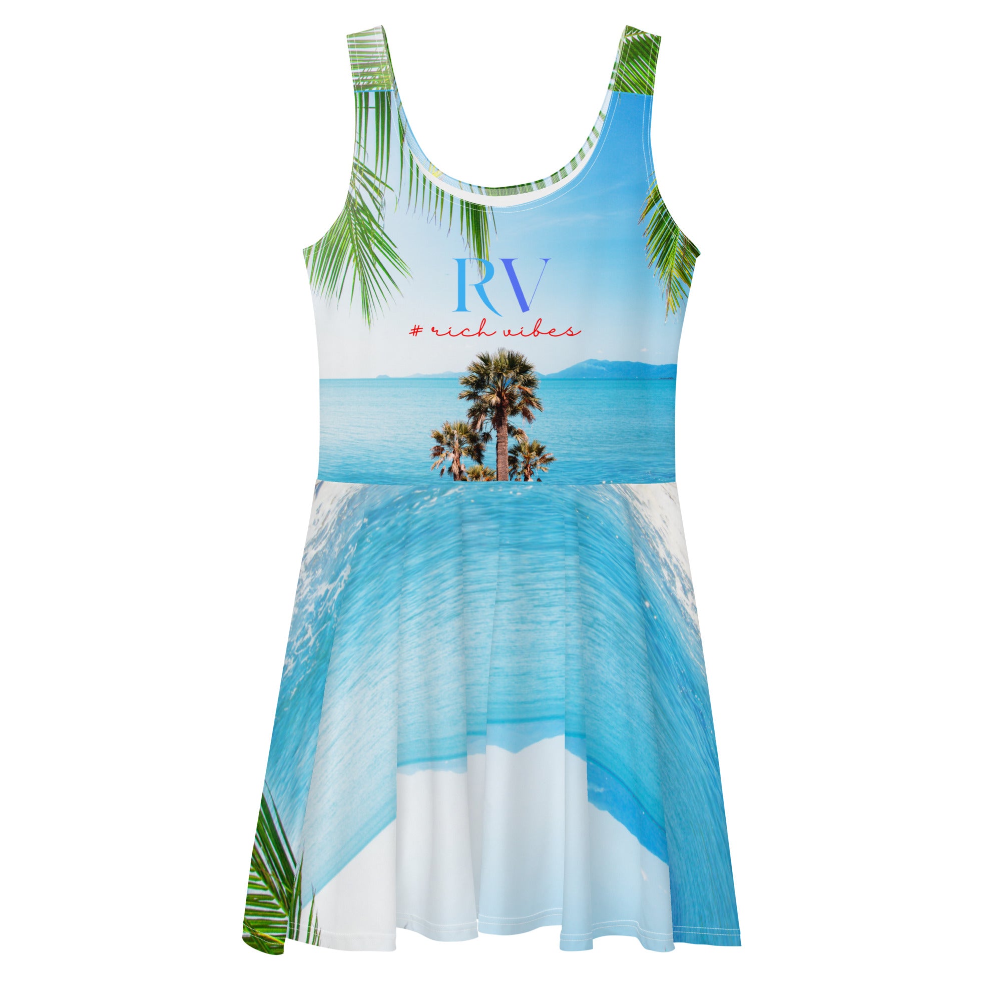 Rich Vibes RV Colorful Palm Tree Silhouette Ocean Blue Beach Set - Skater Dress