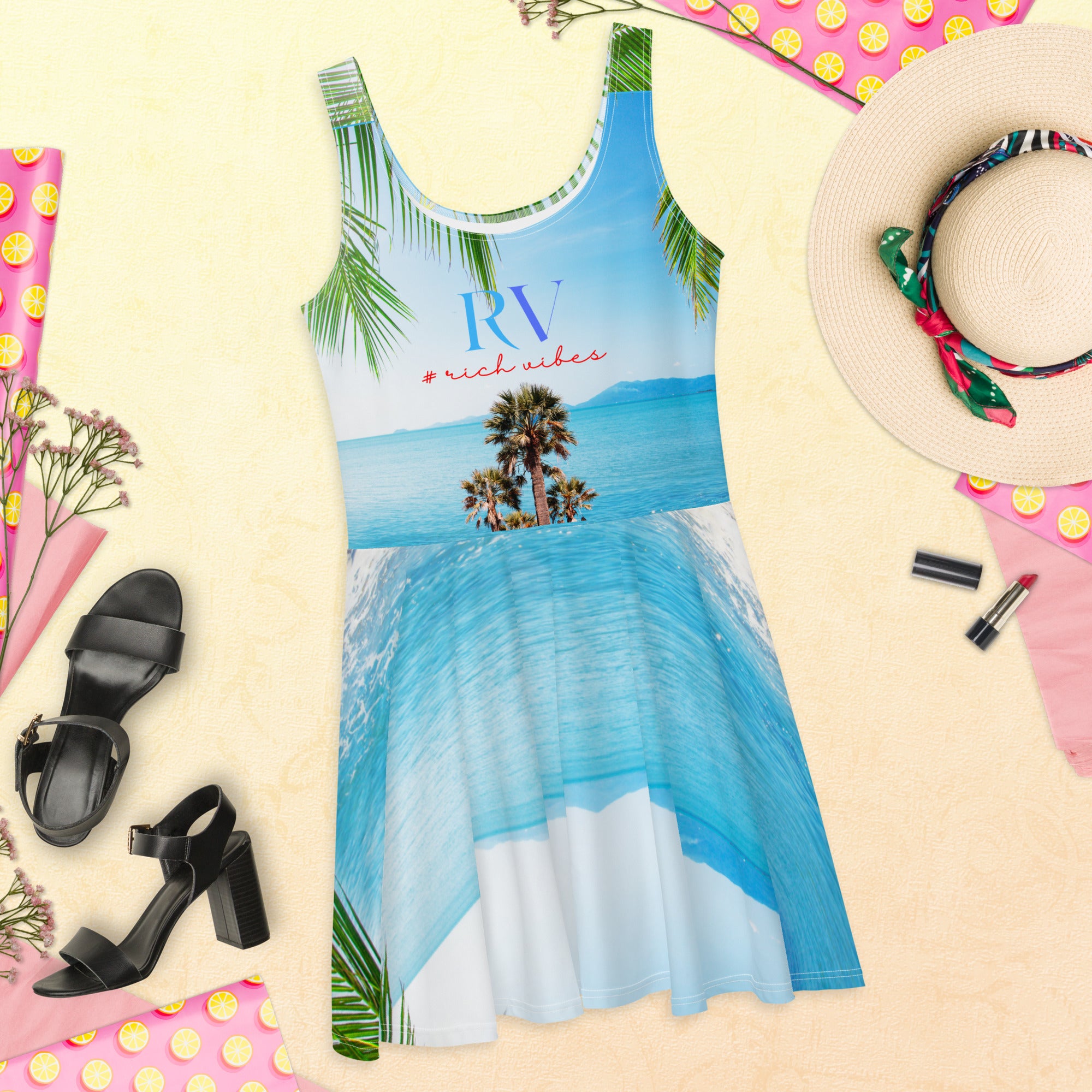 Rich Vibes RV Colorful Palm Tree Silhouette Ocean Blue Beach Set - Skater Dress