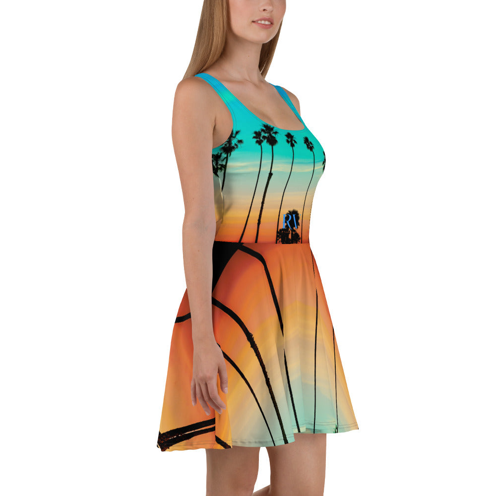 Rich Vibes RV Palm Tree Silhouette Rainbow Beach Sunset - Skater Dress