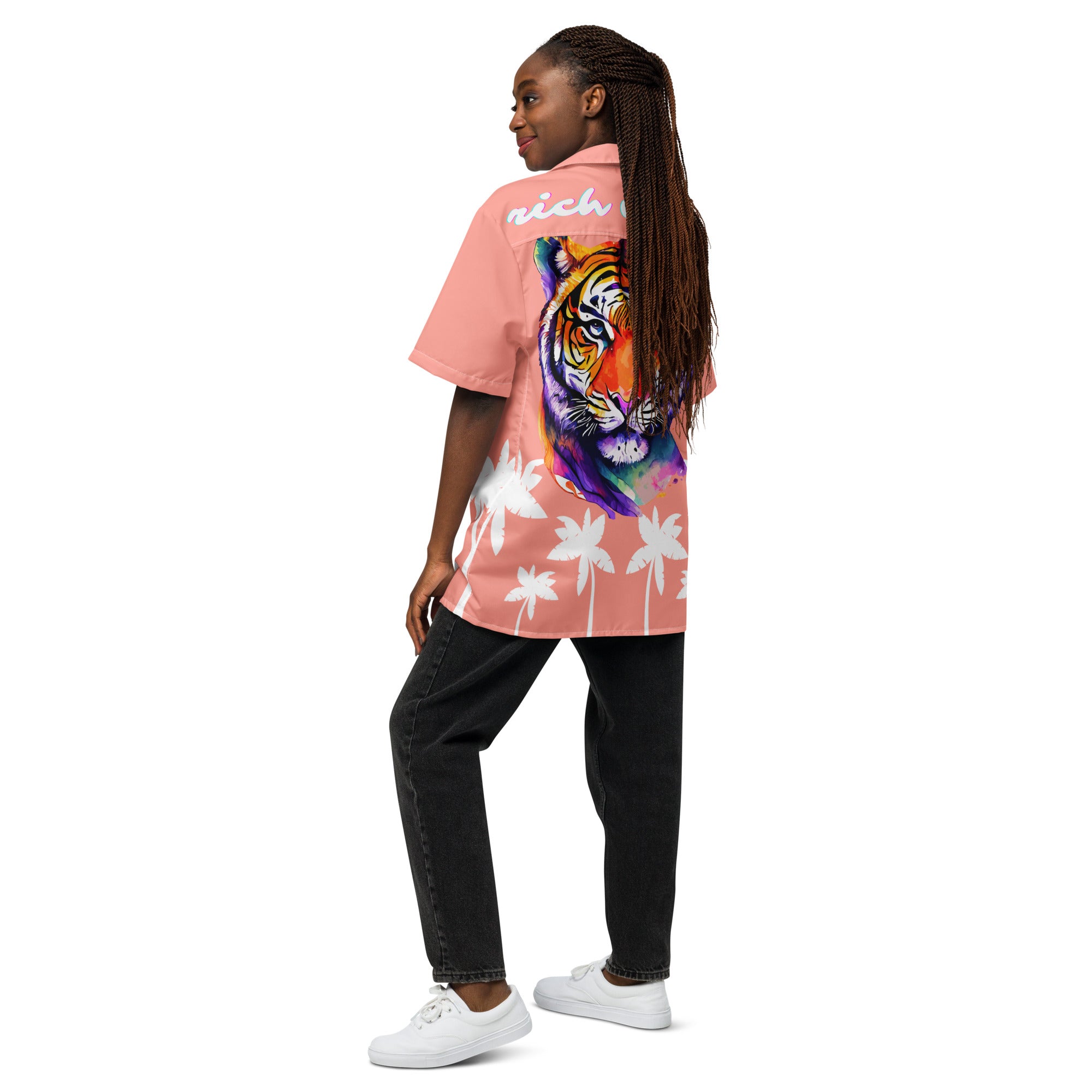 Rich Vibes Tropical Peach White Palms Jungle Tiger - Unisex button shirt