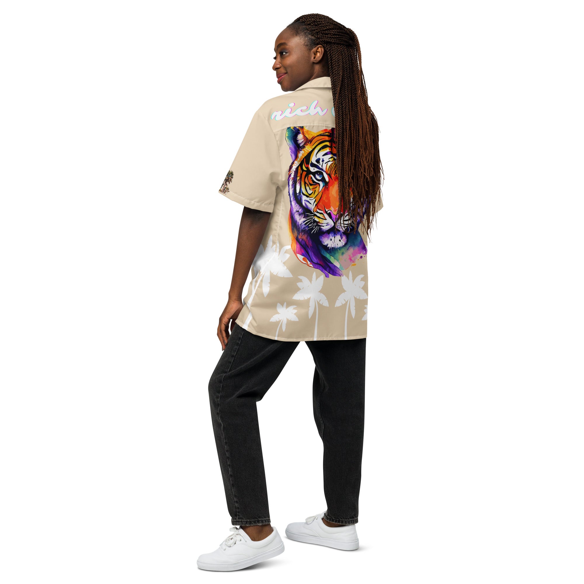 Rich Vibes Tropical Khaki&White Palms Jungle Tiger - Unisex button shirt w/ white button