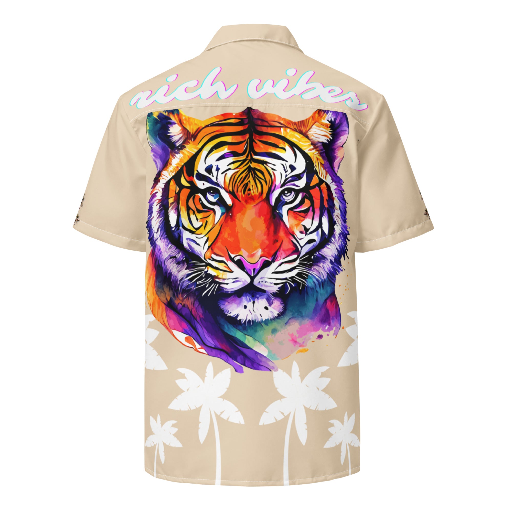 Rich Vibes Tropical Khaki&White Palms Jungle Tiger - Unisex button shirt w/ white button