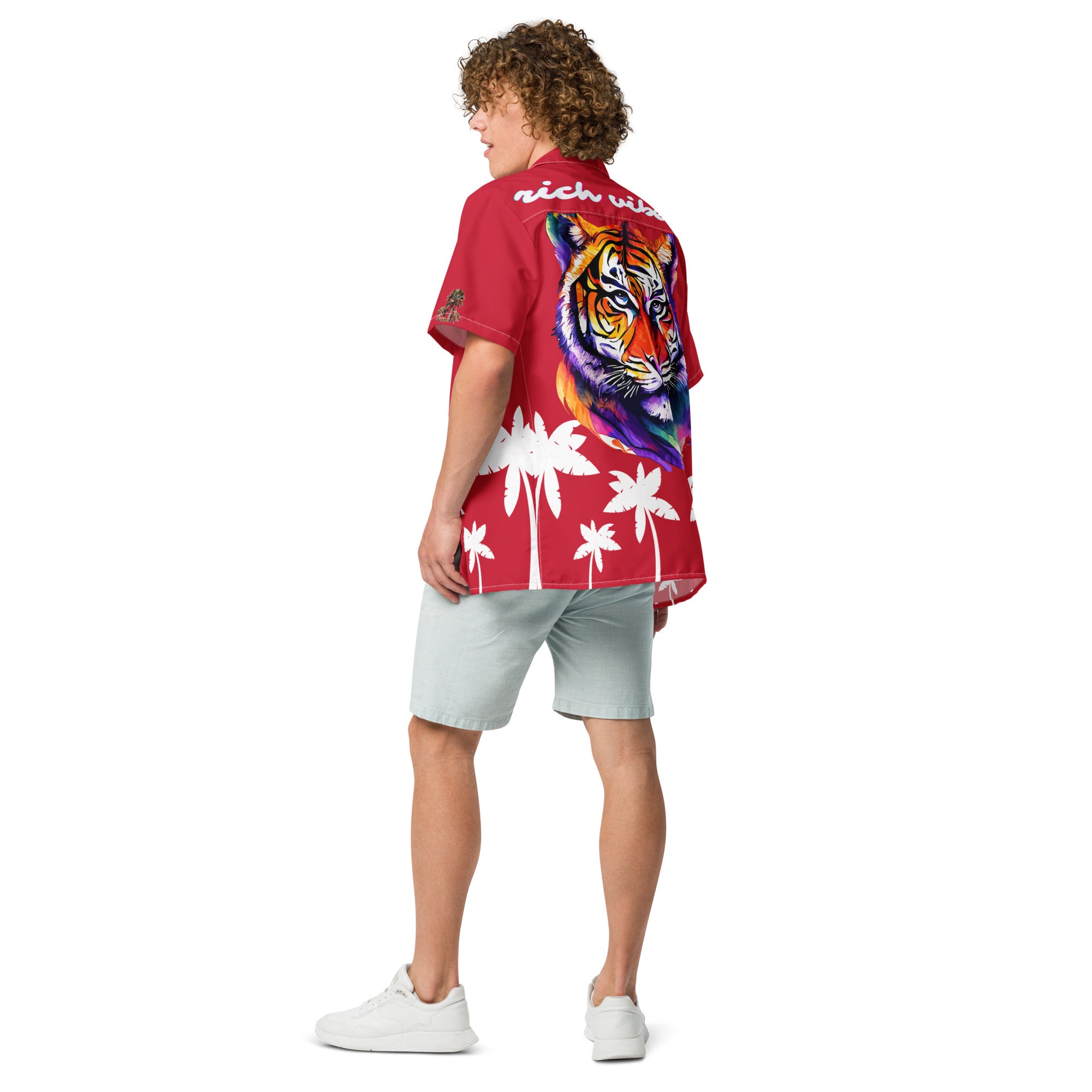 Rich Vibes Tropical Royal Red&White Palms Jungle Tiger - Unisex button shirt w/ white button
