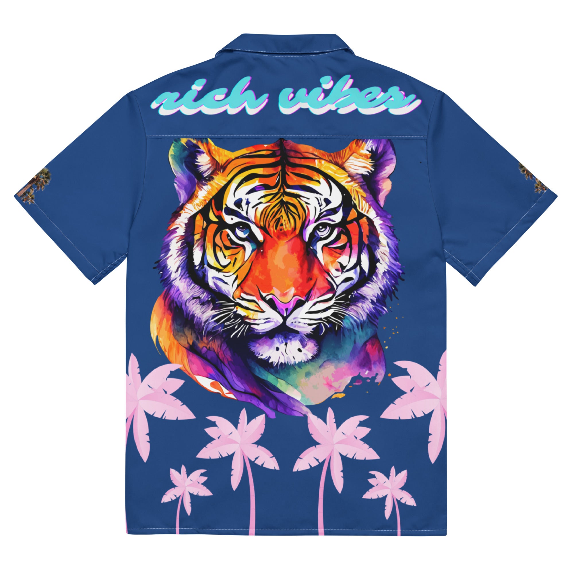 Rich Vibes Tropical Royal Blue Palms Jungle Tiger - Unisex button shirt w/ white button