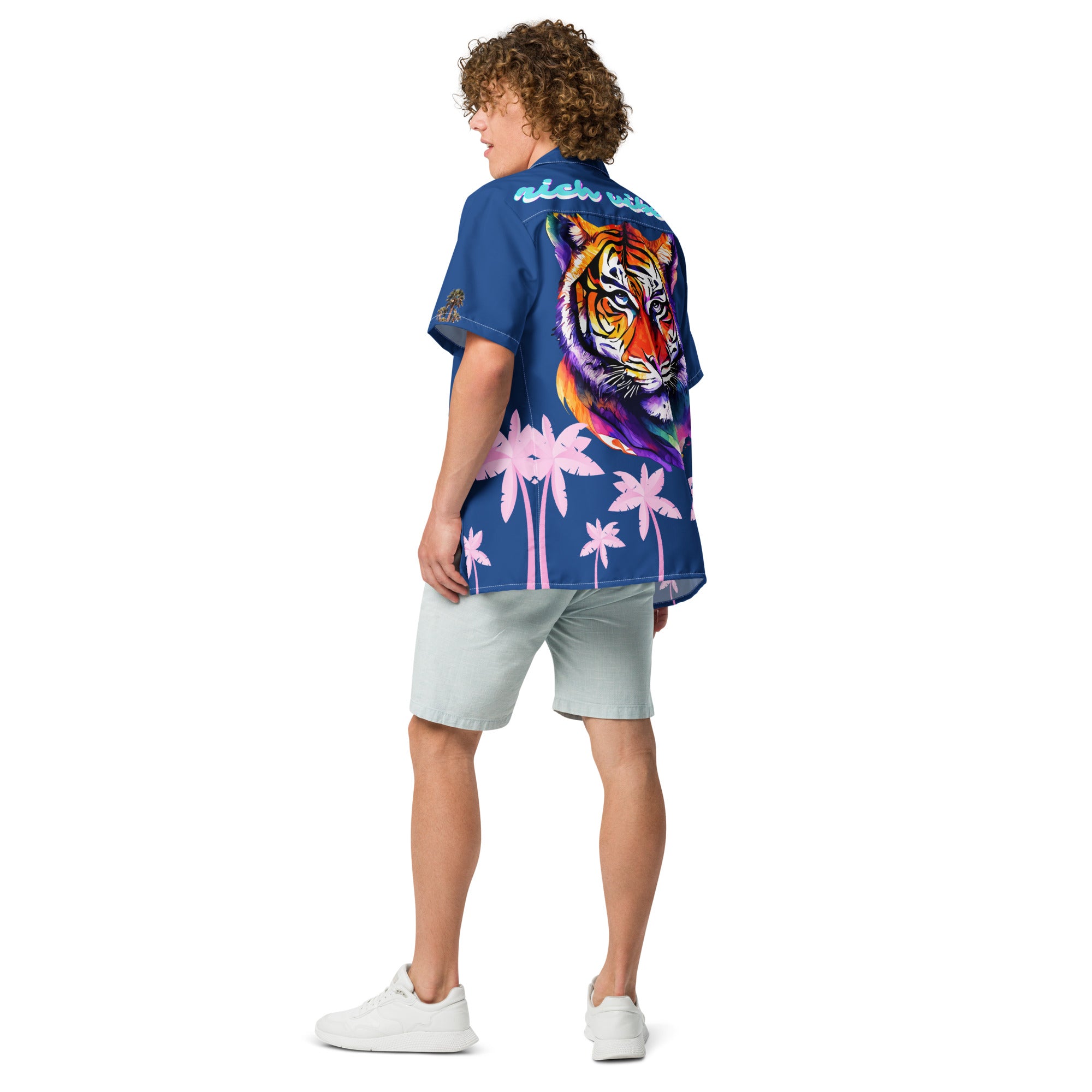 Rich Vibes Tropical Royal Blue Palms Jungle Tiger - Unisex button shirt w/ white button