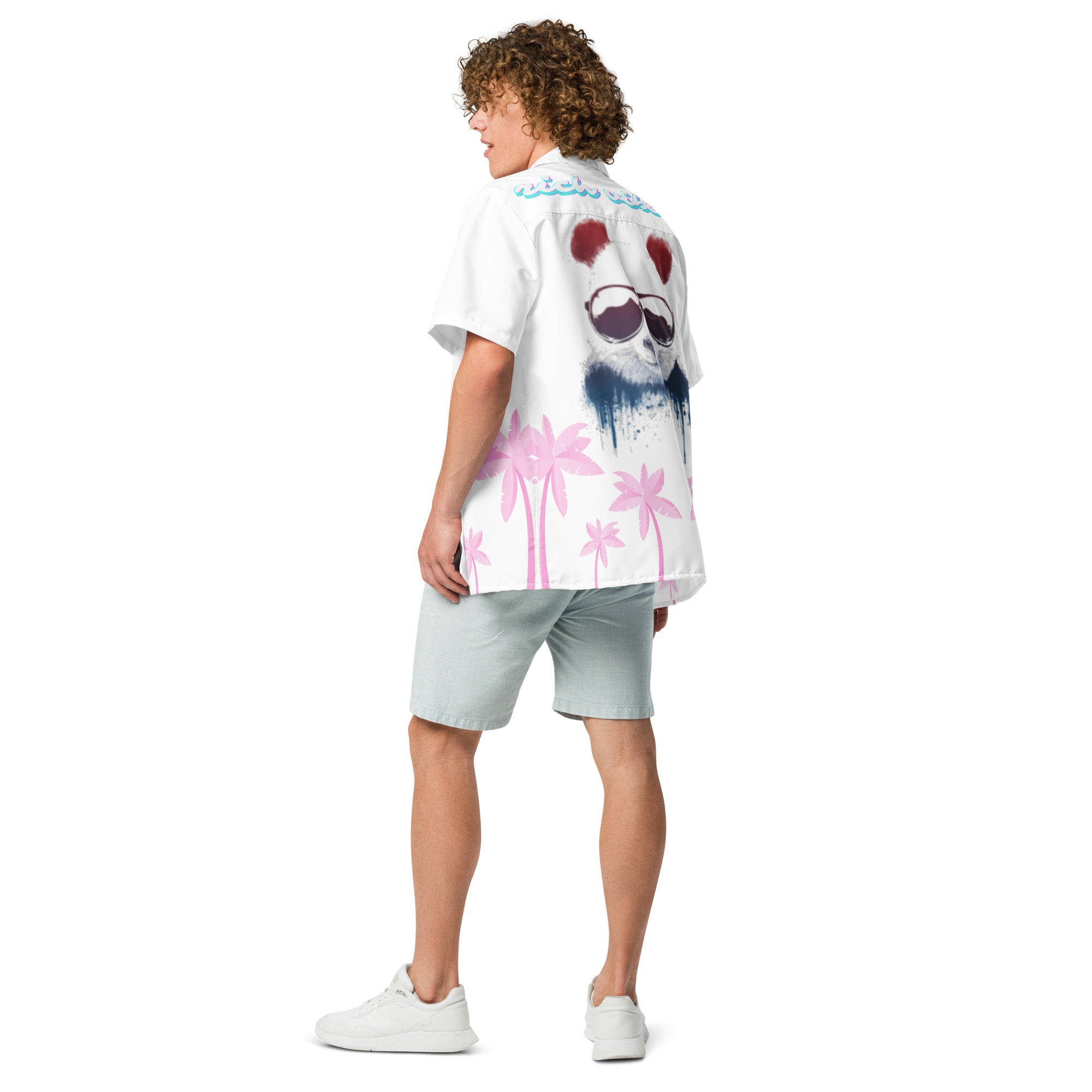 Rich Vibes Tropical White Palms Jungle Panda - Unisex button shirt w/ white button