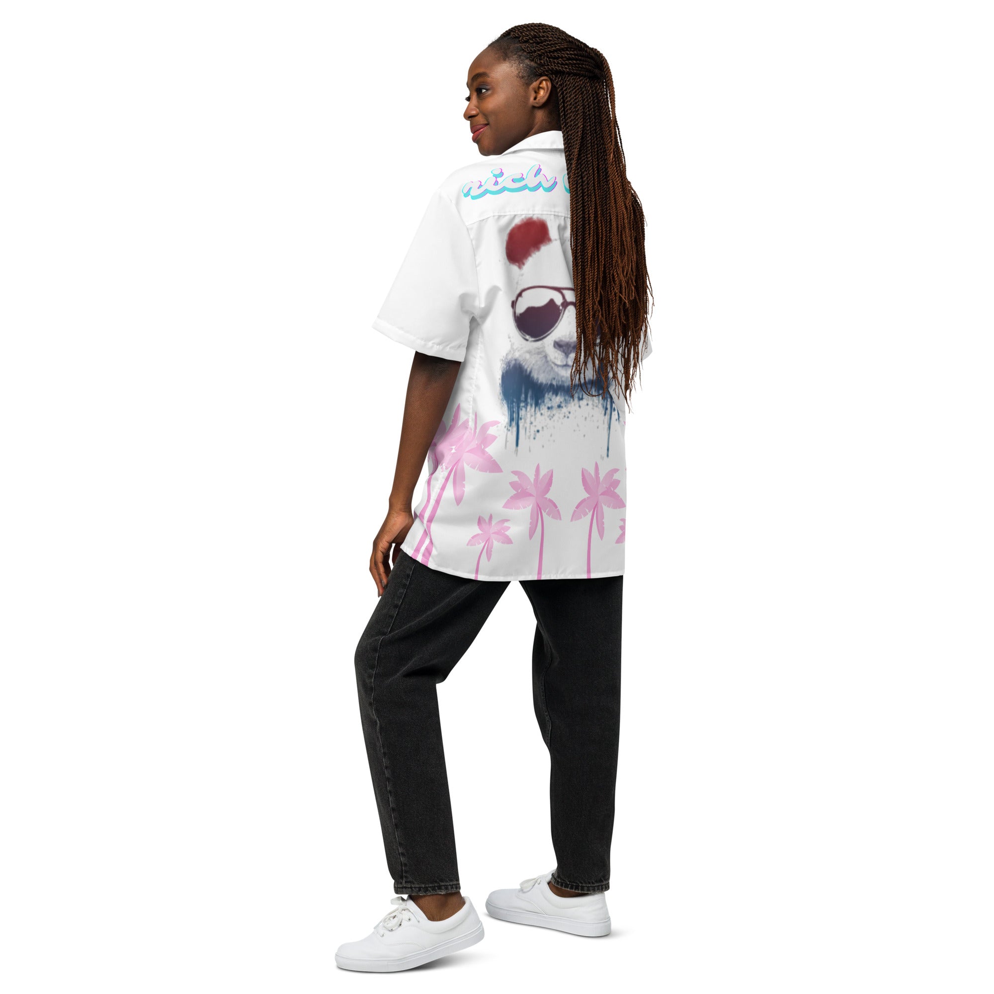 Rich Vibes Tropical White Palms Jungle Panda - Unisex button shirt w/ white button