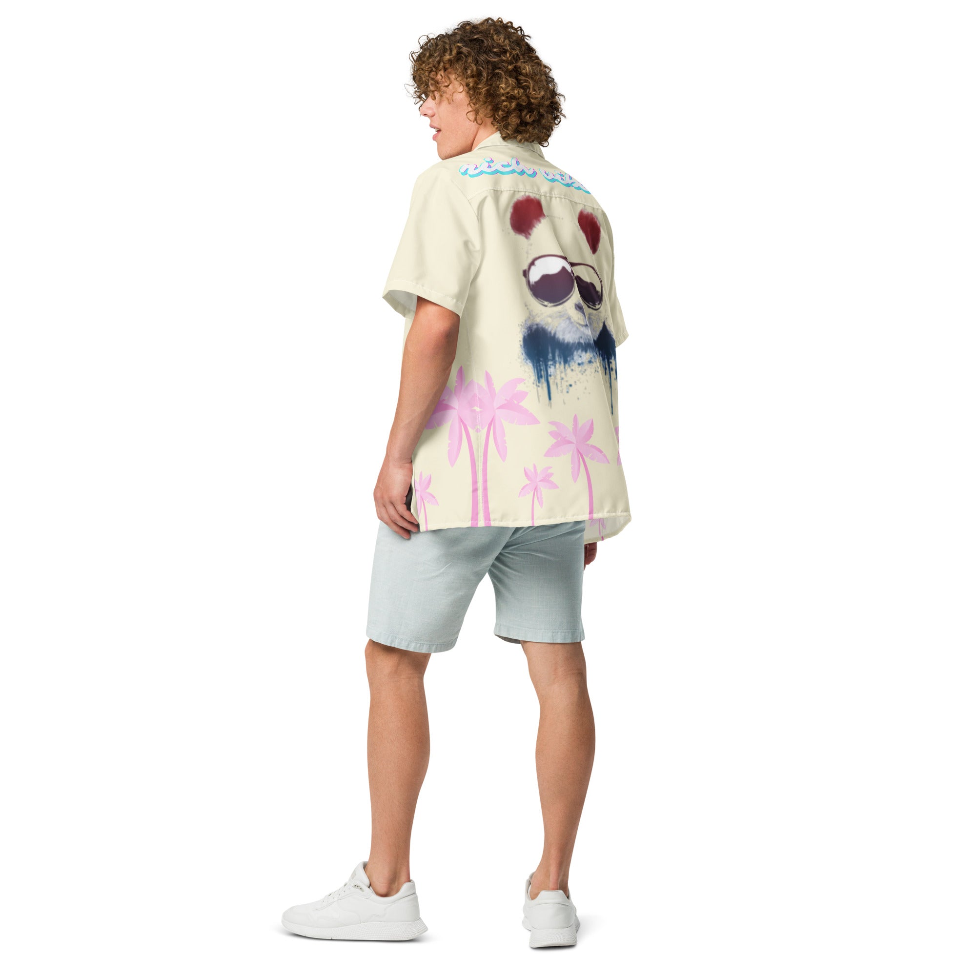 Rich Vibes Tropical Apricot White Palms Jungle Panda - Unisex button shirt w/ white button
