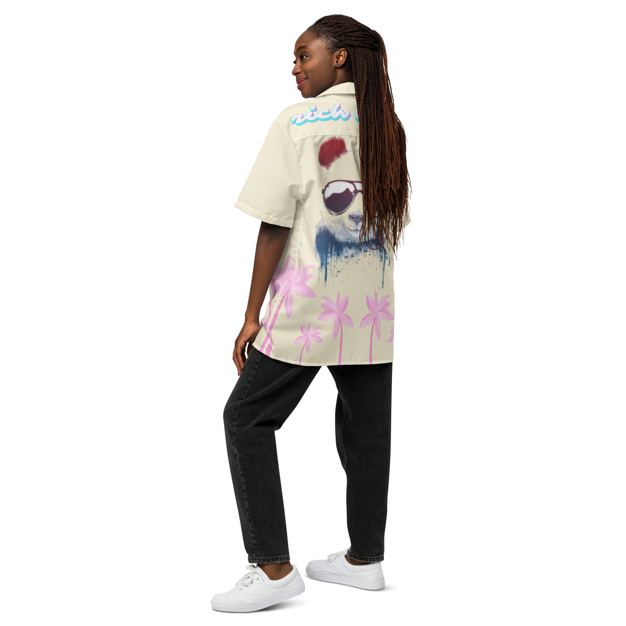 Rich Vibes Tropical Apricot White Palms Jungle Panda - Unisex button shirt w/ white button