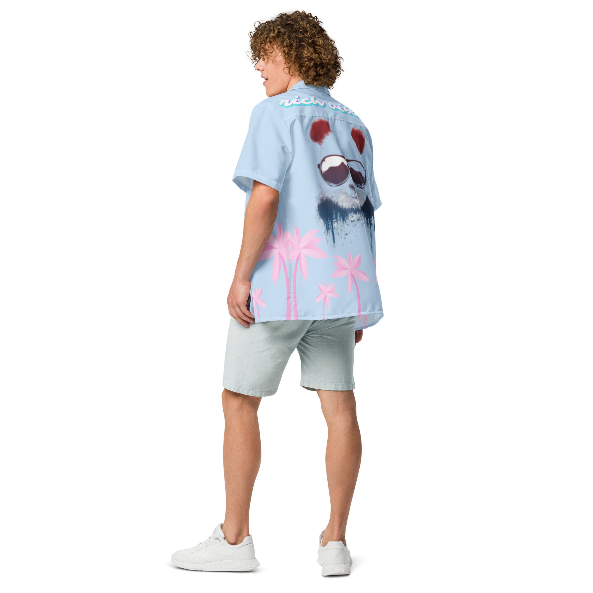 Rich Vibes Tropical Baby Blue Palms Jungle Panda - Unisex button shirt w/ white button