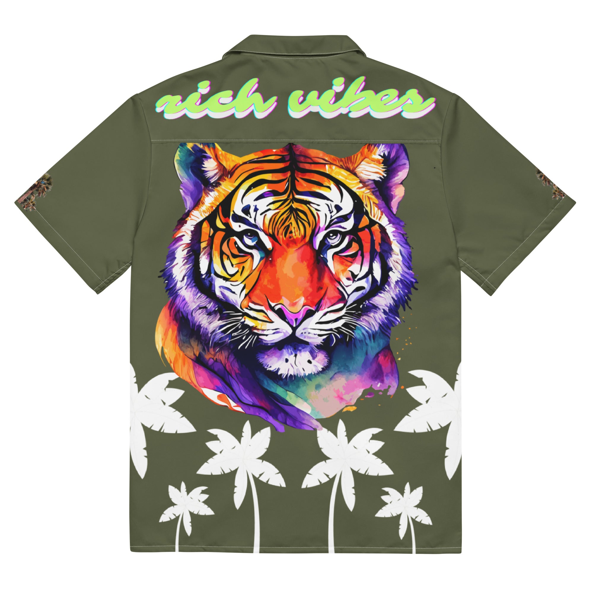 Rich Vibes Tropical Saratoga Green&White Palms Jungle Tiger - Unisex button shirt w/ white button