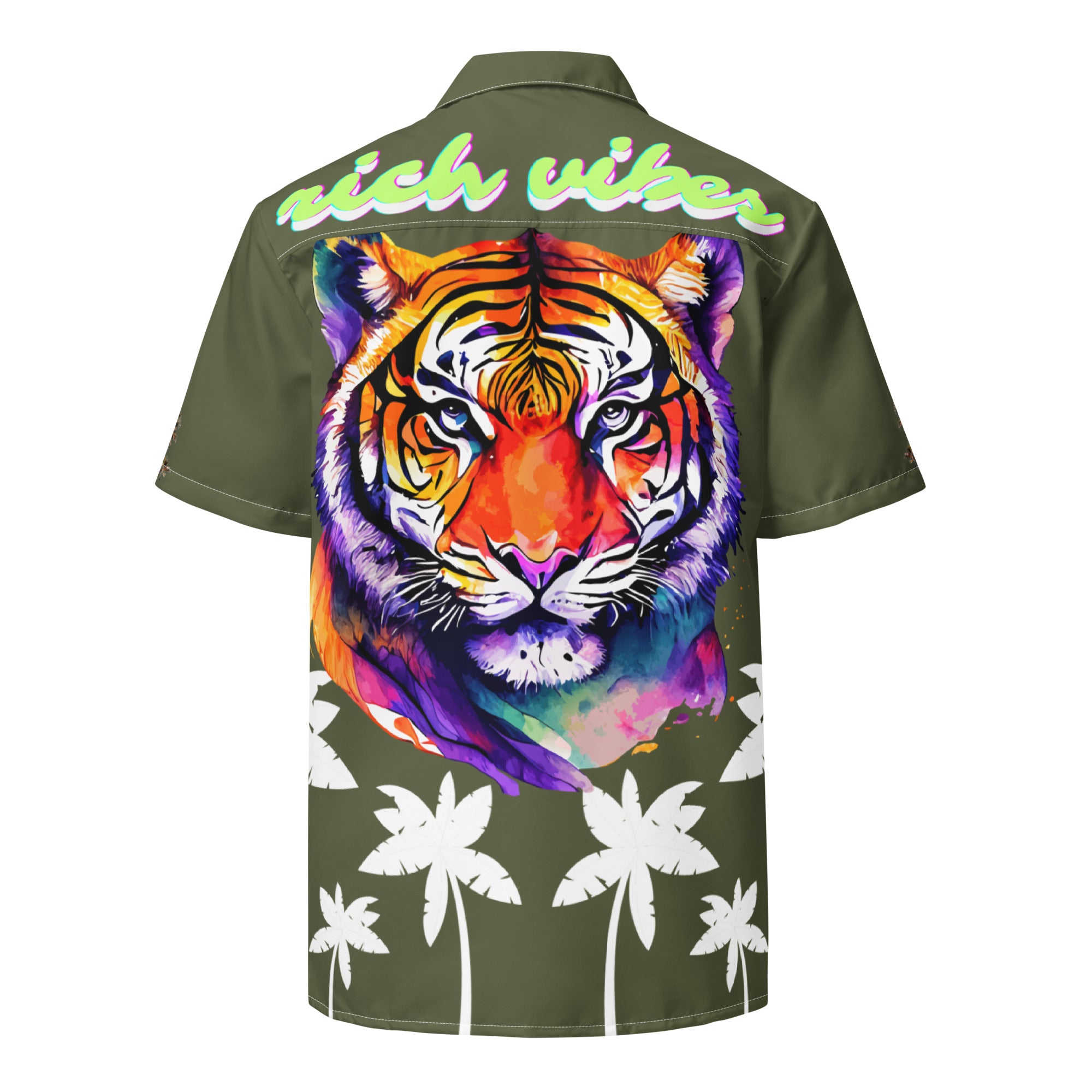 Rich Vibes Tropical Saratoga Green&White Palms Jungle Tiger - Unisex button shirt w/ white button