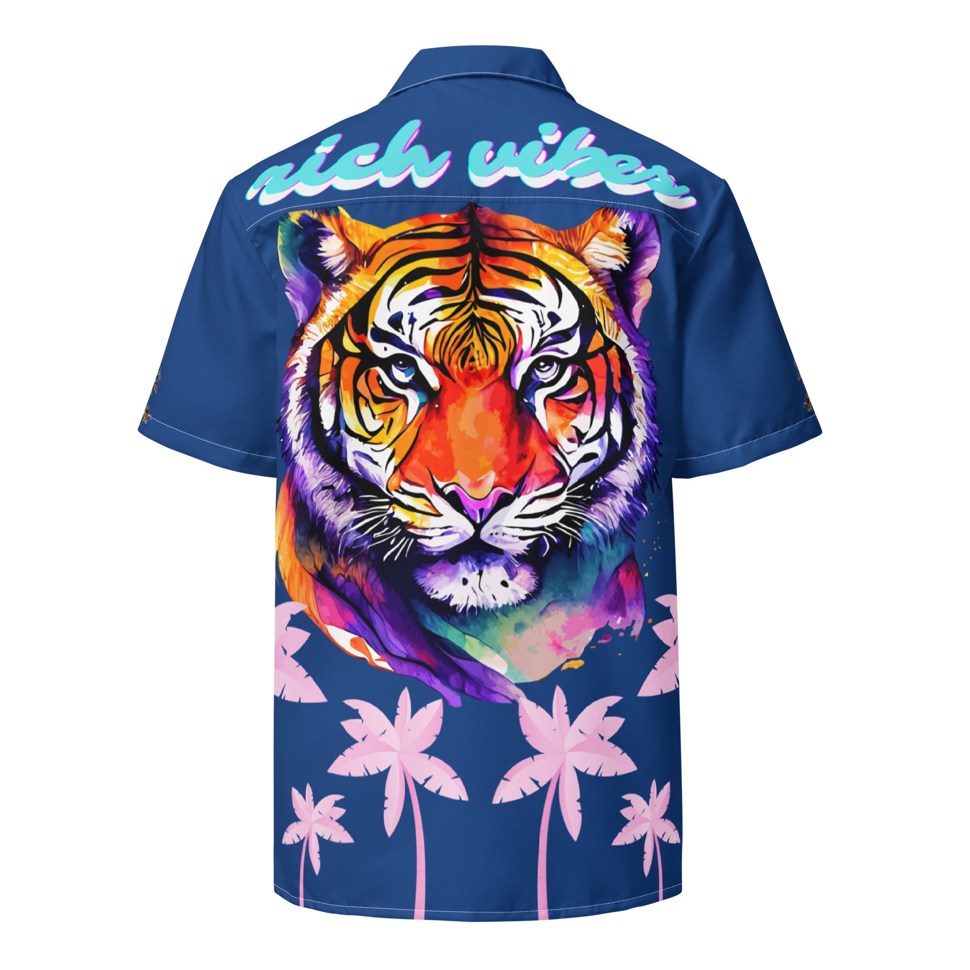 Rich Vibes Tropical Royal Blue Palms Jungle Tiger - Unisex button shirt w/ white button