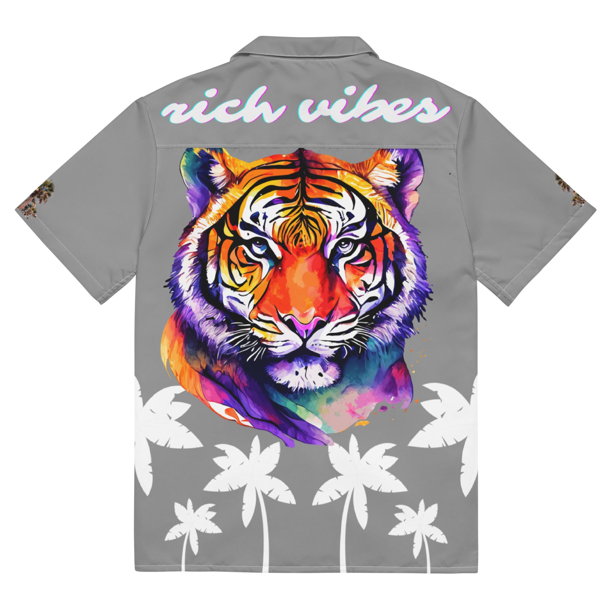 Rich Vibes Tropical Grey&White Palms Jungle Tiger - Unisex button shirt w/ white button