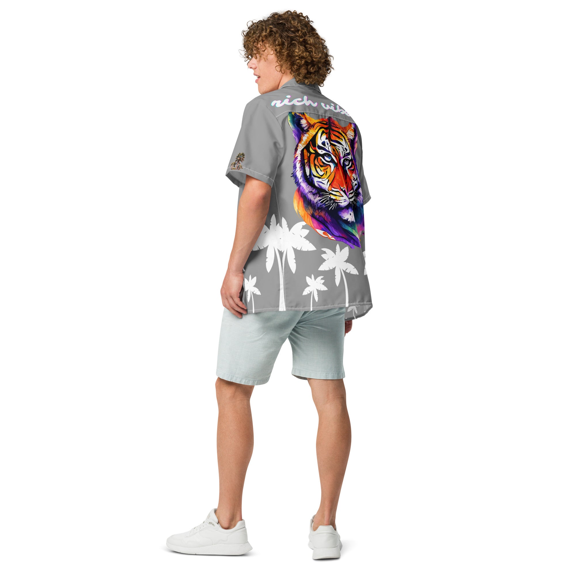 Rich Vibes Tropical Grey&White Palms Jungle Tiger - Unisex button shirt w/ white button