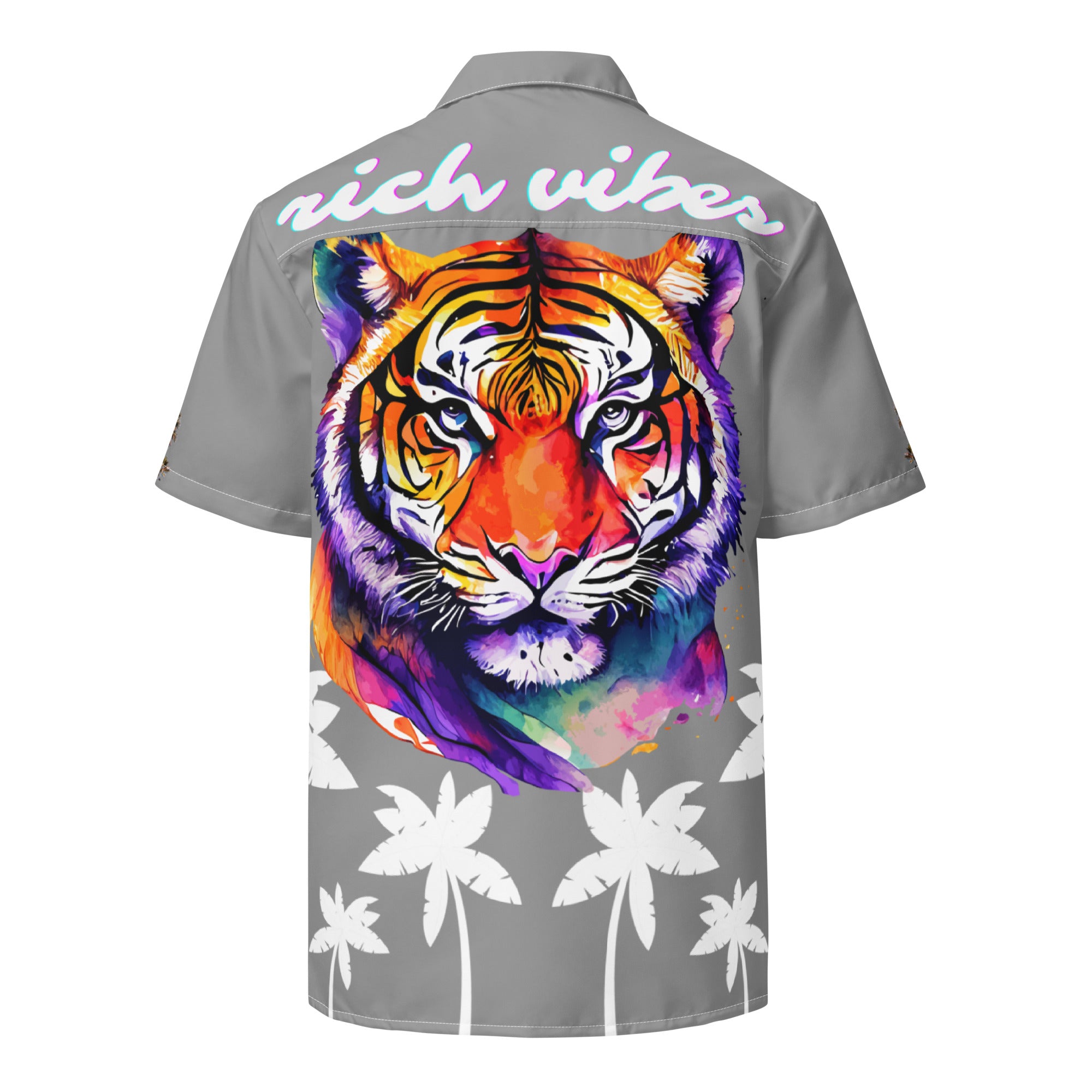 Rich Vibes Tropical Grey&White Palms Jungle Tiger - Unisex button shirt w/ white button