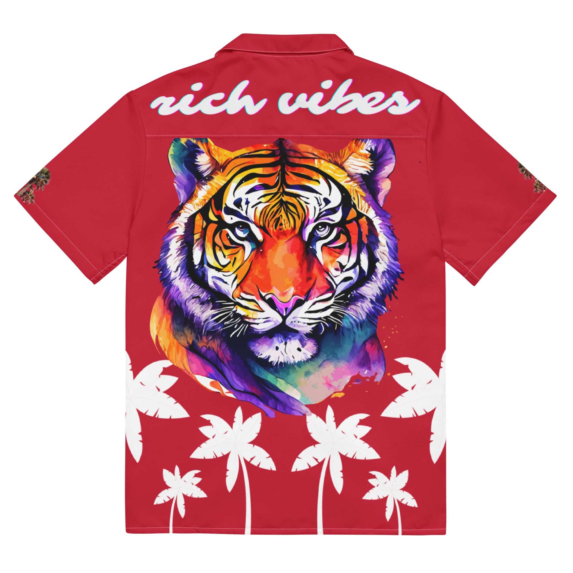 Rich Vibes Tropical Royal Red&White Palms Jungle Tiger - Unisex button shirt w/ white button