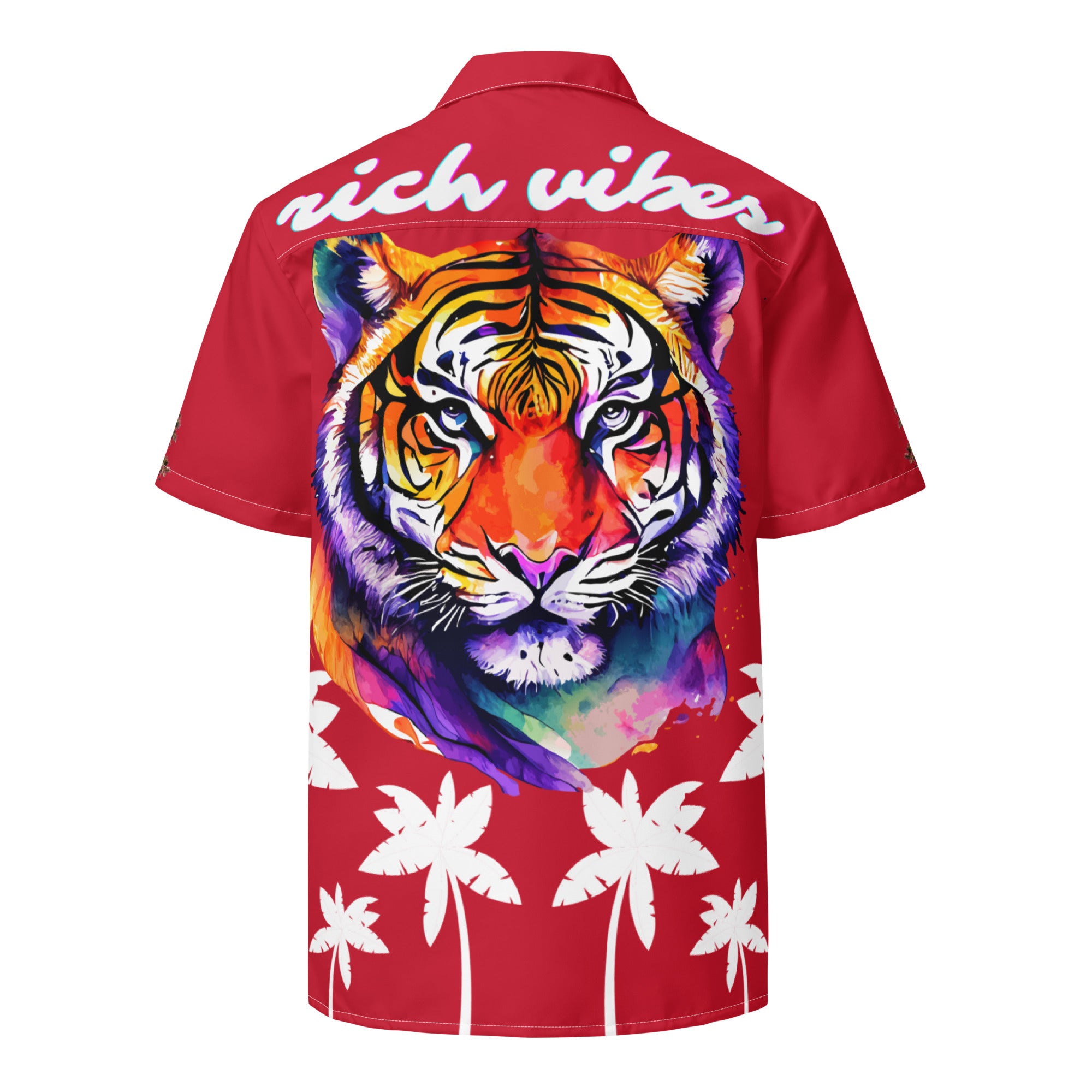 Rich Vibes Tropical Royal Red&White Palms Jungle Tiger - Unisex button shirt w/ white button